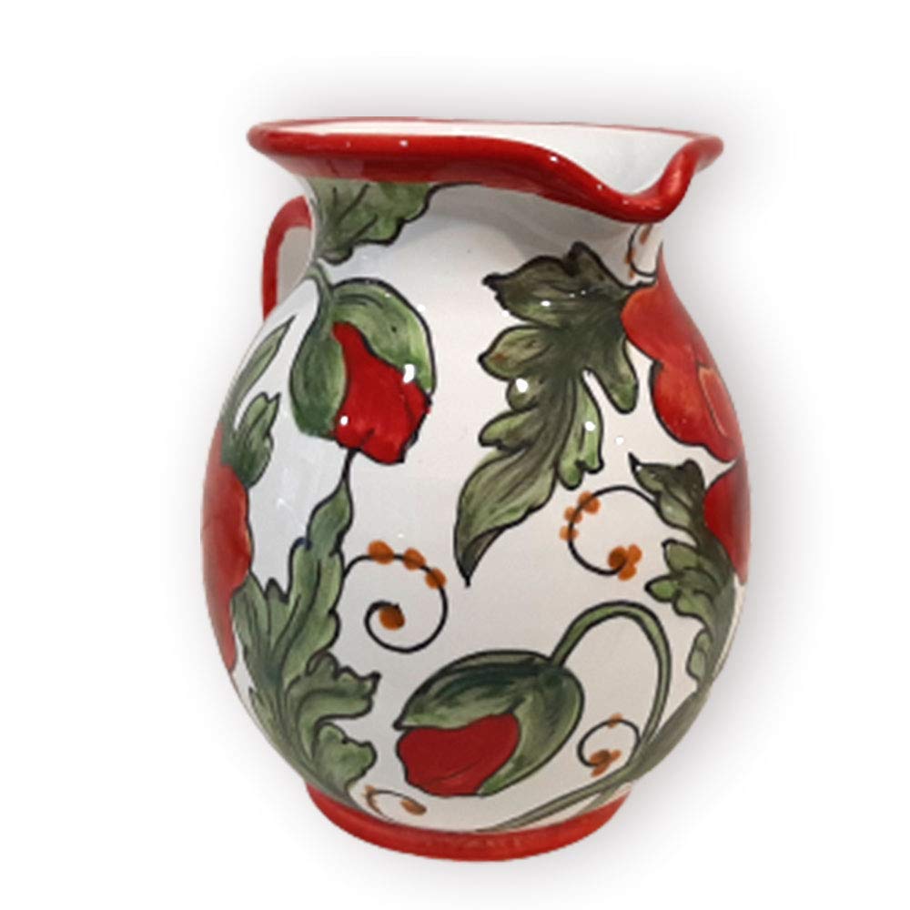 Italian Ceramic Pitcher with Poppies Design - 16oz Hand-Painted Kitchen Carafe, Utensil Holder & Wine Dispenser - Tuscan Pottery Vase for Home Decor - Perfect for Rustic Kitchens, Farmhouse Dining & Gift Giving - Made in Italy