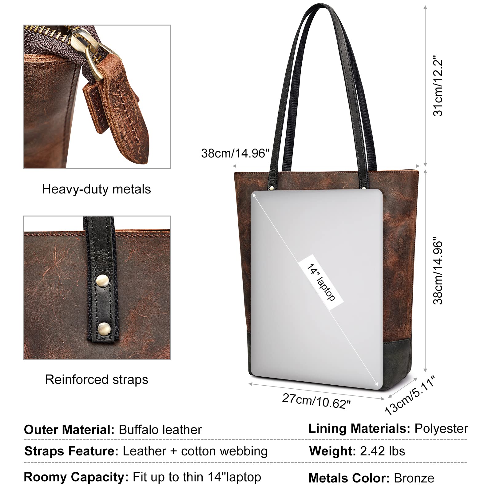 Genuine Leather Tote Bag for Women - Vintage Two-Tone Shoulder Purse with Luggage Sleeve | Stylish Work Bag, Travel Companion & Everyday Carryall