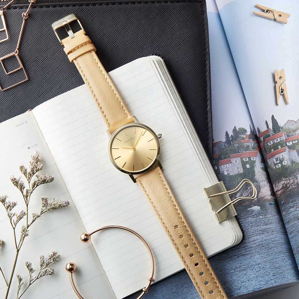 ARIES GOLD Urban Santos Gold Stainless Steel Women's Watch with Leather Strap - Fashionable Timepiece for Everyday Wear, Office & Special Occasions