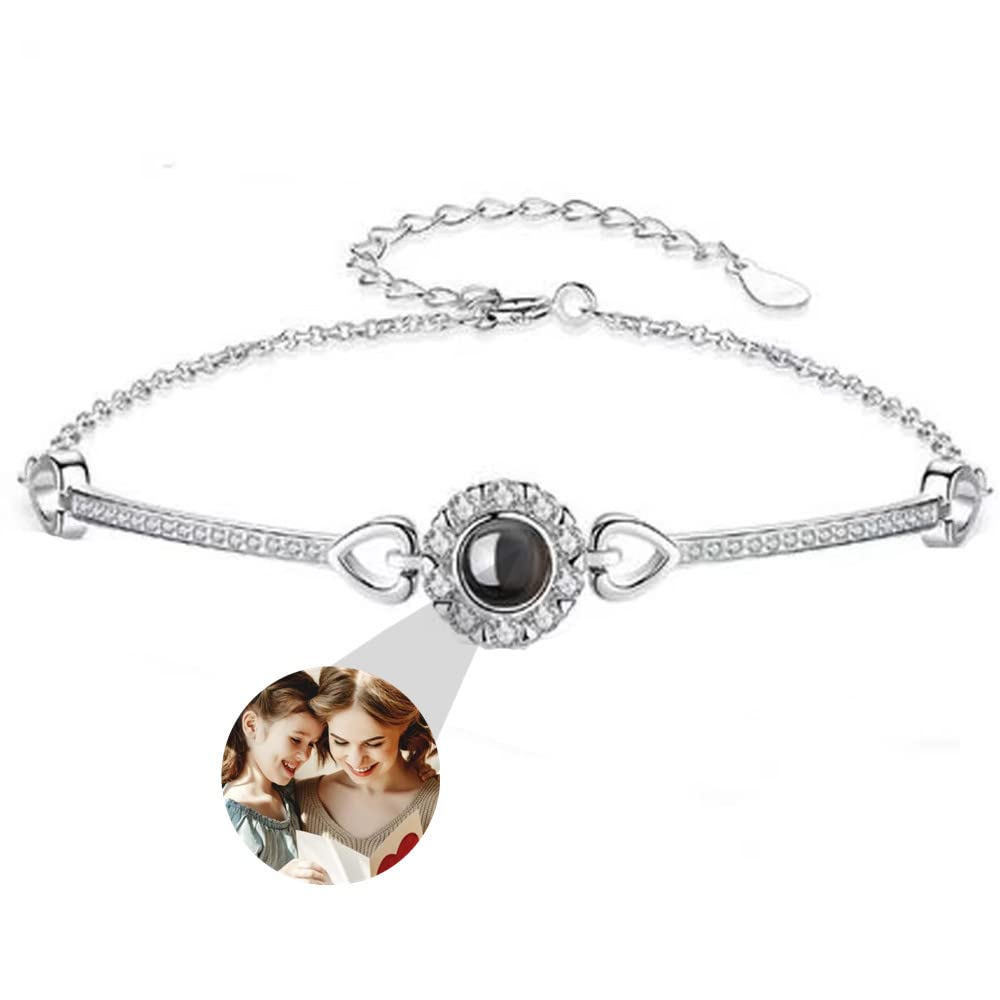 Personalized Name or Photo Projection Bracelet - 925 Sterling Silver Love Memory Jewelry for Her, Custom Engraved I Love You in 100 Languages - Romantic Gift for Anniversary, Valentine's Day & Couples