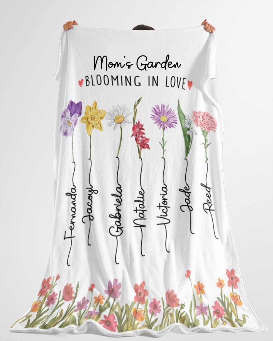 Personalized Mom Blanket with Kids Names - Custom Grandma Garden Blanket for Mother's Day, Birthday & Anniversary Gifts - Birth Month Flower Throw for Nana Mimi Gigi Mommy - Perfect for Cozy Family Nights, Nursery Decor & Thoughtful Gift Giving