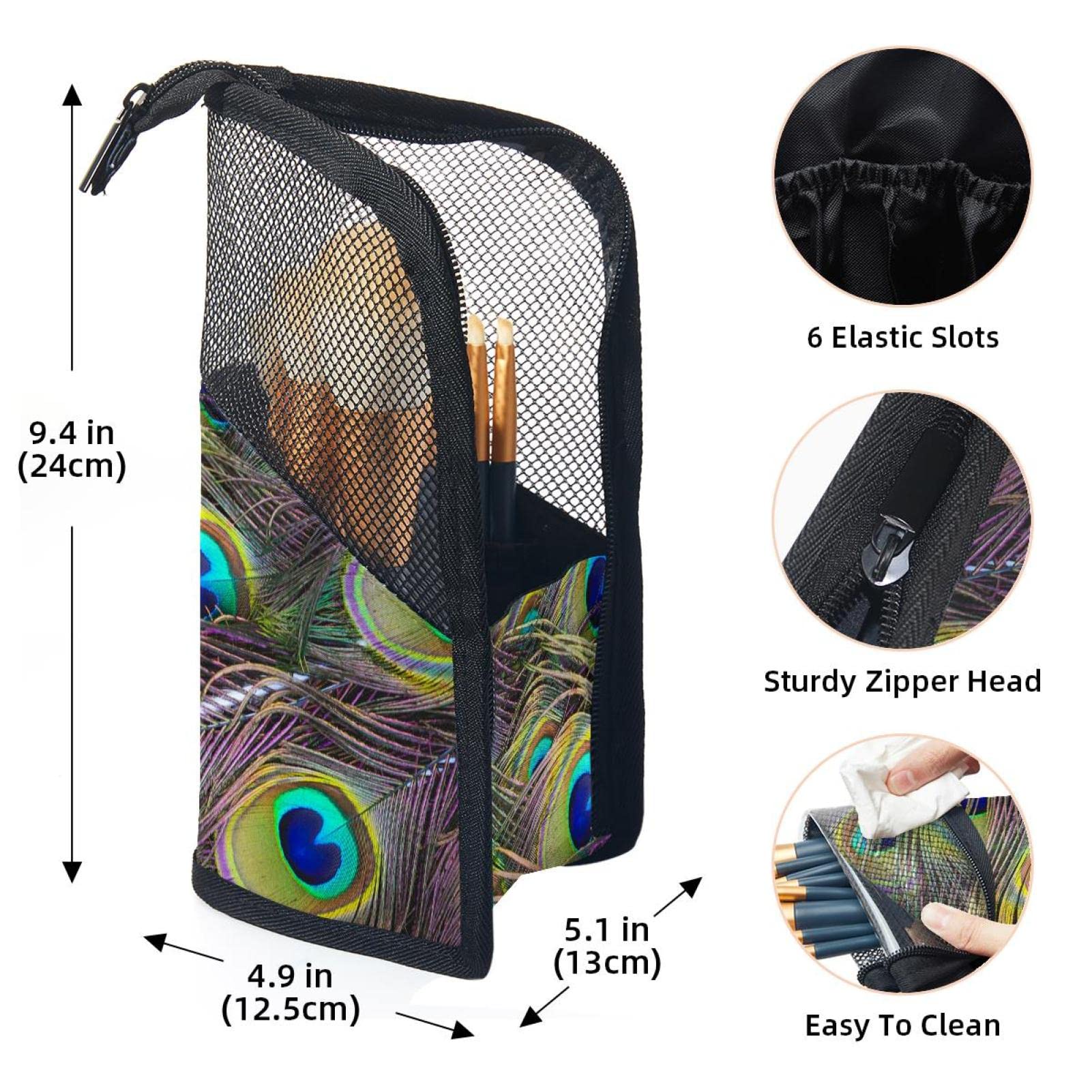 Premium 12-Piece Makeup Brush Organizer Bag with Feather Texture Peacock Design - Portable Travel Cosmetic Brush Holder Case for Professional Artists & Home Vanity Use