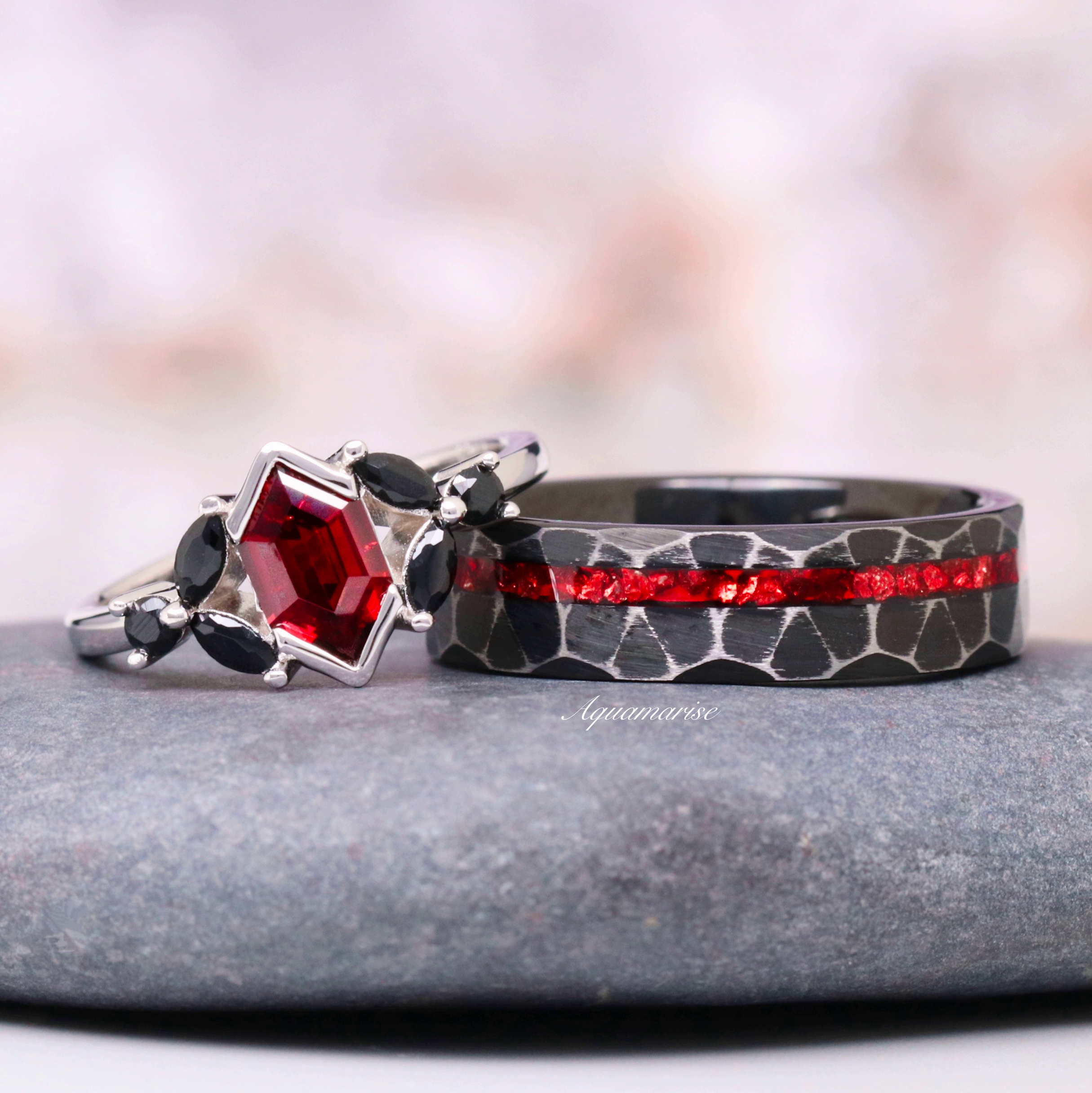Natural Red Garnet & Black Onyx Sterling Silver Ring for Women - Elegant Handmade Jewelry Gift for Birthday, Anniversary & Special Occasions