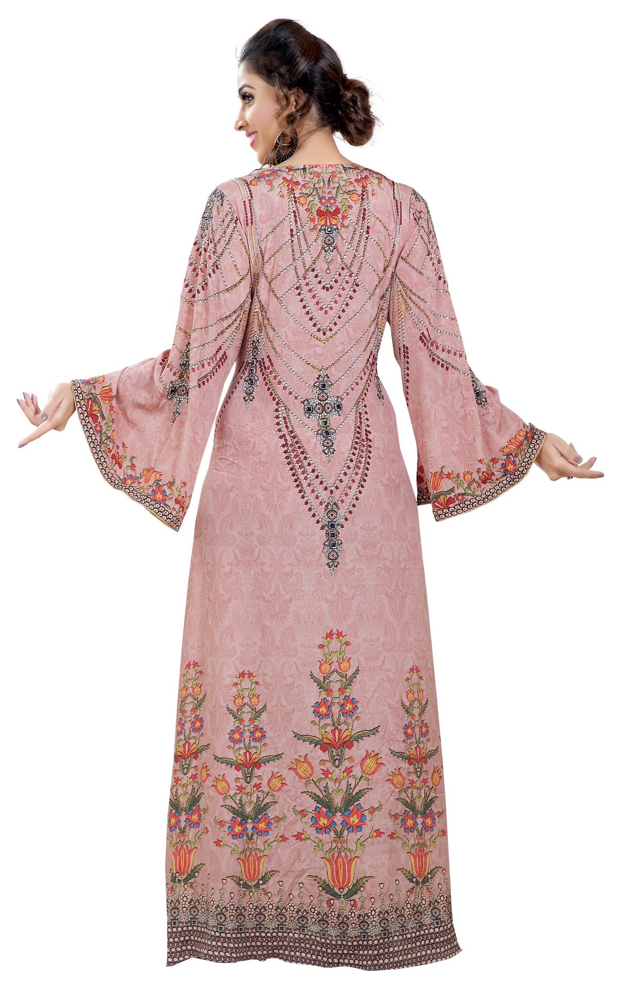 Elegant Light Pink Printed Kaftan with Crystal Luxe Beads - Boho Chic Beach Cover Up, Resort Wear & Summer Party Dress for Women