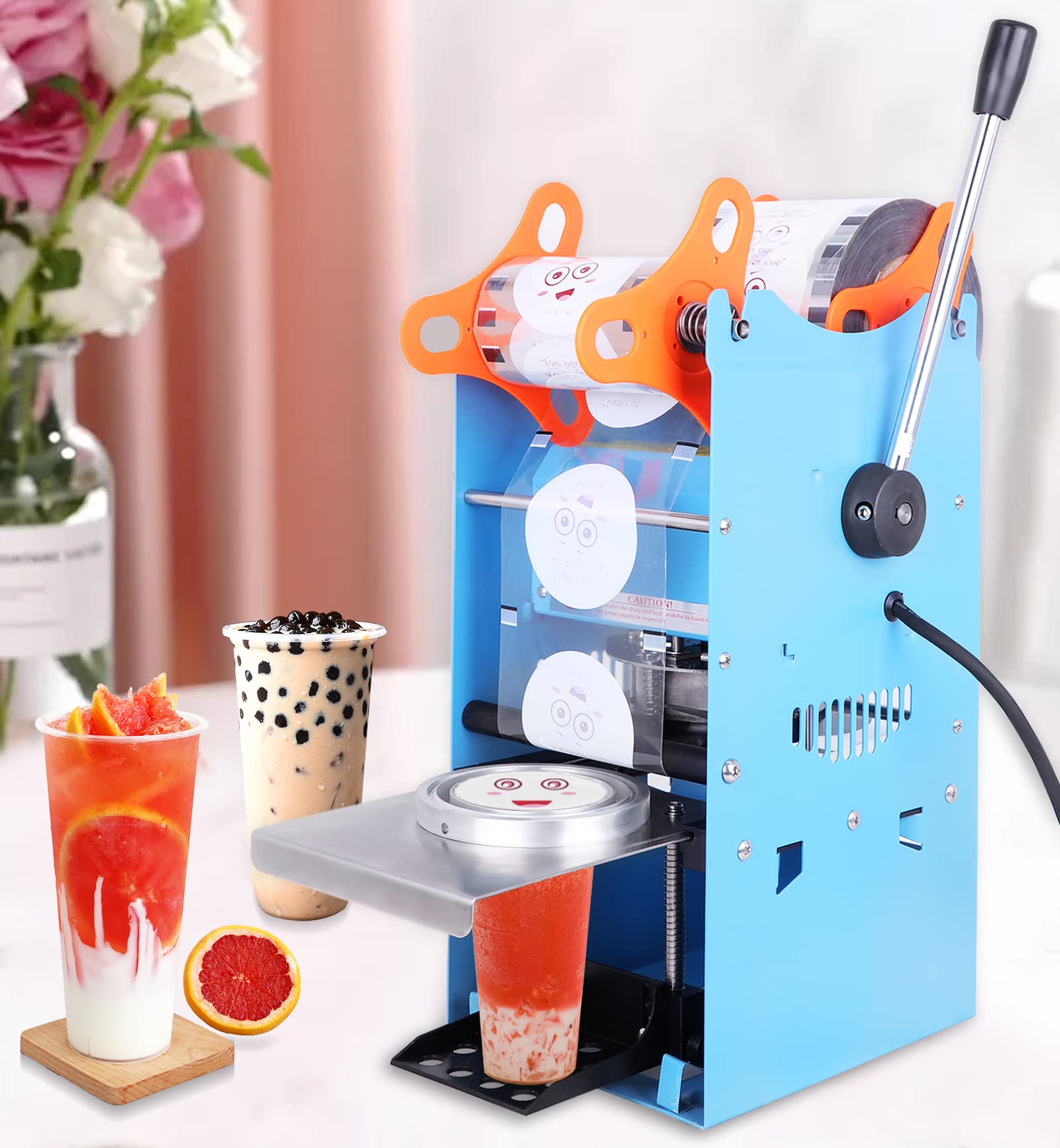 270W Manual Bubble Tea Cup Sealer Machine for 90/95mm Diameter Cups - 220V Milk Tea Sealing Device for Boba Shops, Cafes & Home Use (Perfect for Sealing Milk Tea, Smoothies & Iced Coffee Cups)