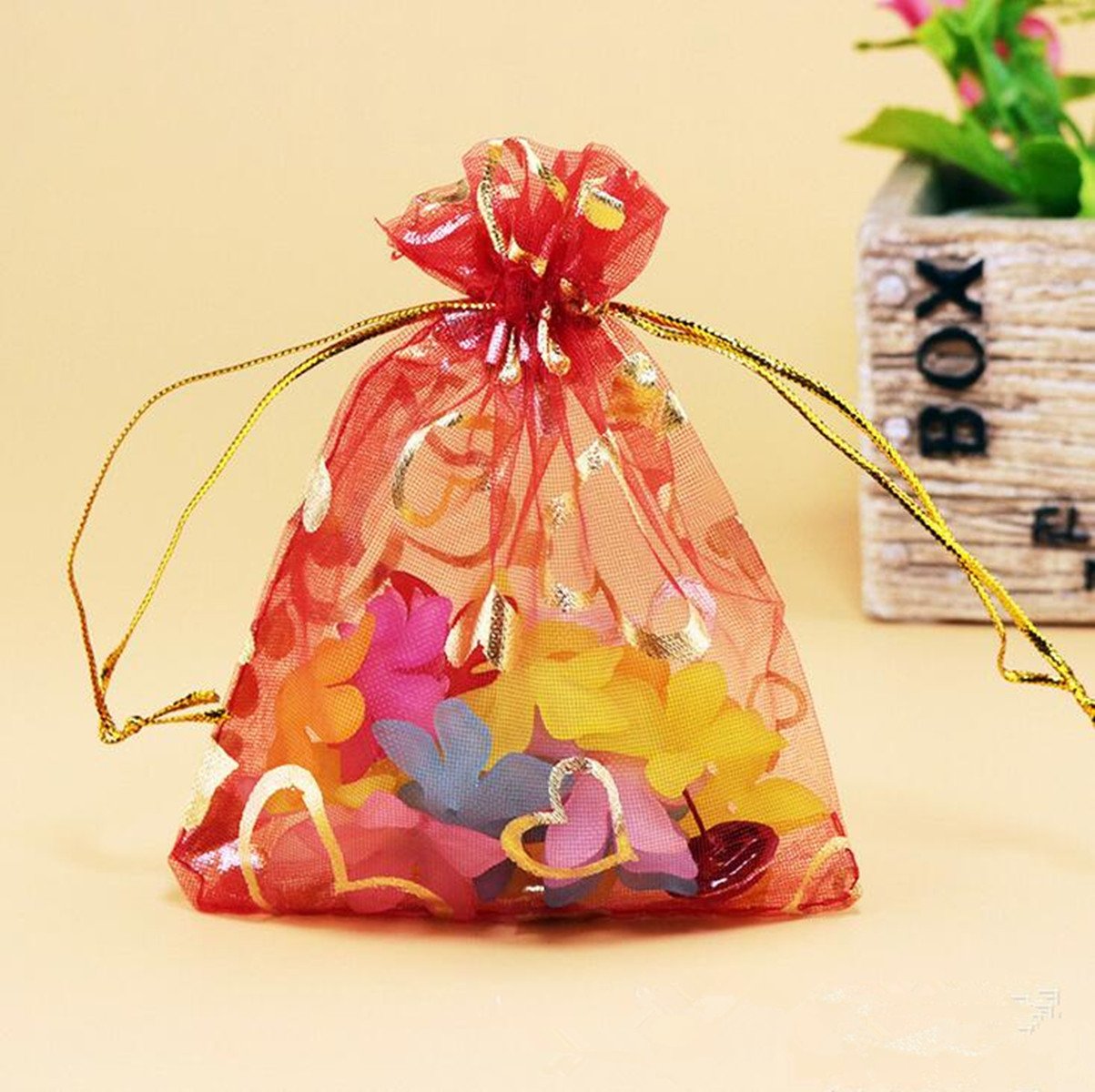 100pcs Red Organza Wedding Favor Bags 3x4 Inches - Heart Pattern Sheer Drawstring Pouches for Jewelry, Christmas Party Gifts, Bridal Shower Favors & Birthday Party Decorations