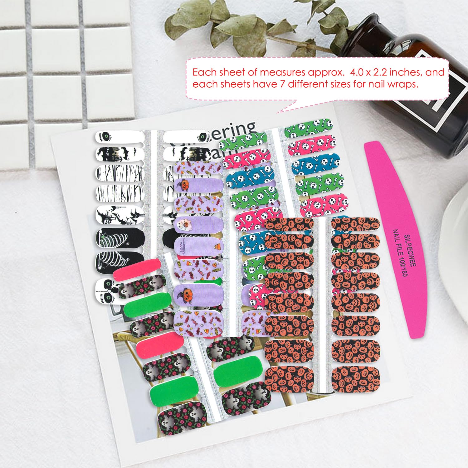 Halloween Nail Wraps for Women - 5 Sheets Self-Adhesive Nail Polish Strips with Skull, Pumpkin & Ghost Designs - Gel Nail Art Stickers Kit Includes Nail File - Perfect for Halloween Parties, Costume Events & Spooky Nail Art