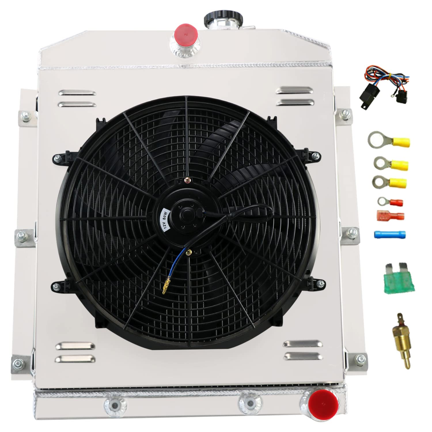 High-Performance Aluminum Radiator for 1947-1954 Chevy Truck Fleetline Fleetmaster 3100 3600 3700 3800 3900 with L6 Engine - 4 Row Cooling System with Shroud & Fan Relay - Perfect for Restoration Projects & Hot Rod Upgrades