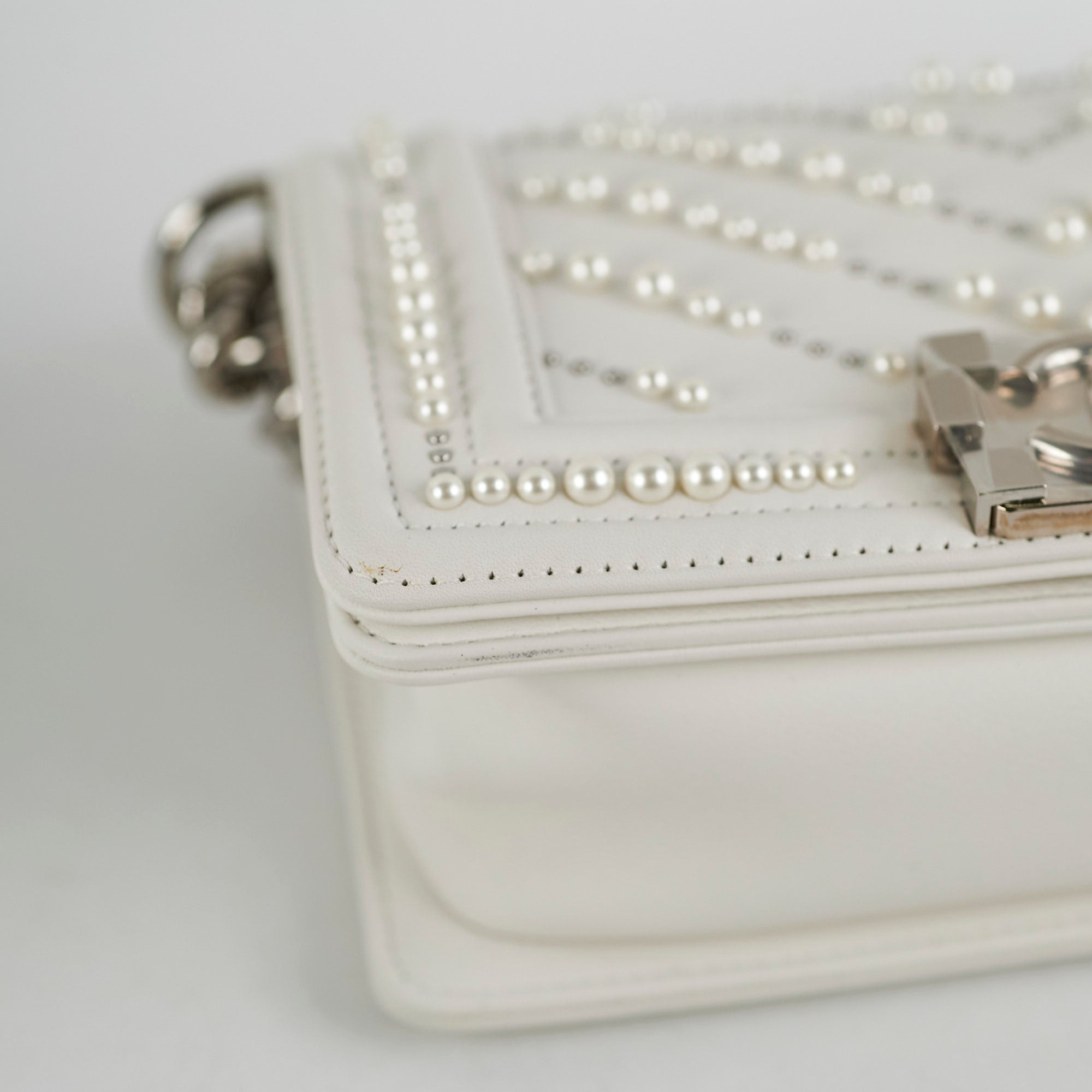 Chanel Small Boy Bag in White with Pearls - Luxury Designer Handbag for Women | Perfect for Parties, Weddings & Evening Events