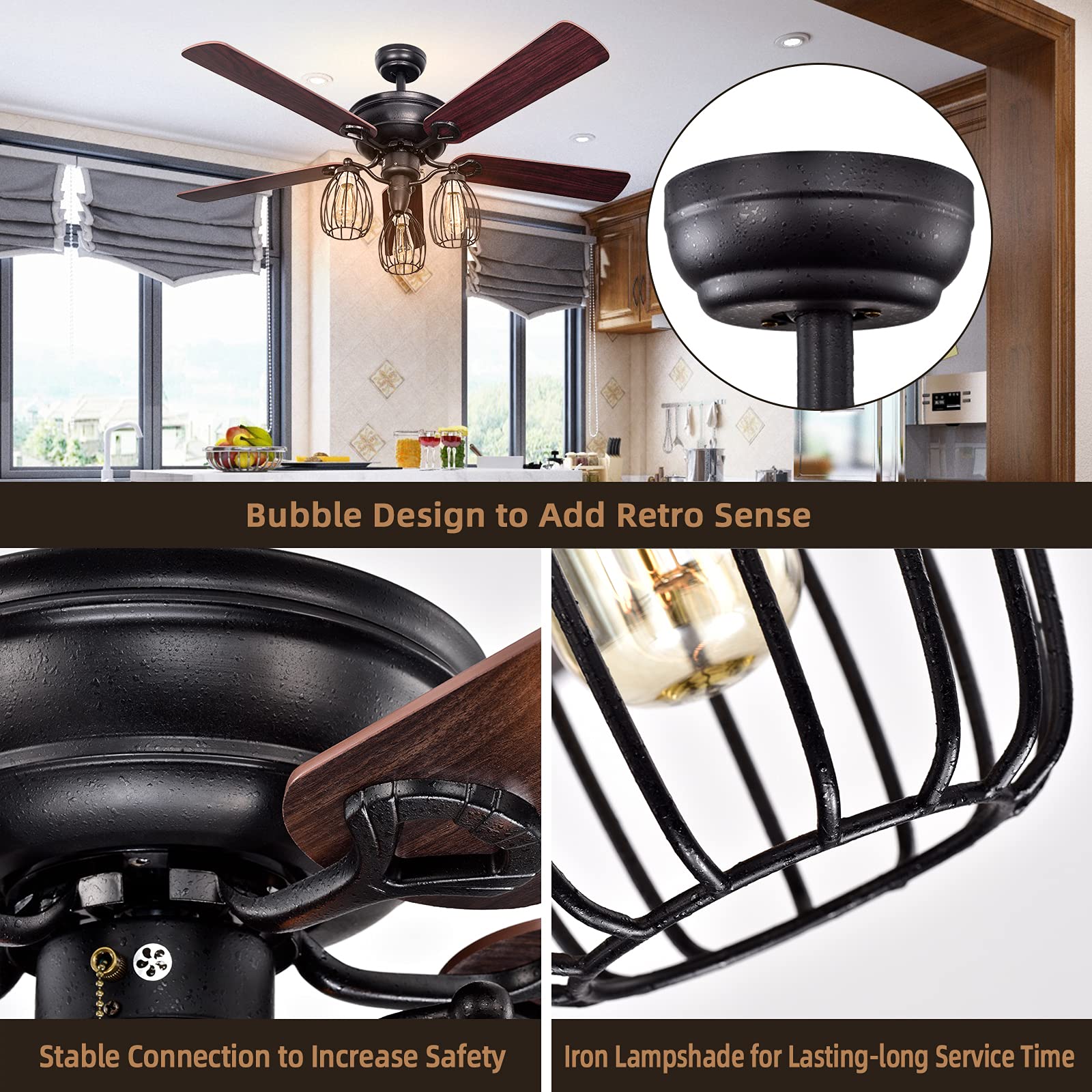 Tangkula 52-Inch Industrial Ceiling Fan with 5 Iron Blades & 3 Cage Lights - Quiet Reversible Motor, 3-Speed Pull Chain Control - Farmhouse Style for Living Room, Bedroom, Kitchen, or Outdoor Patio