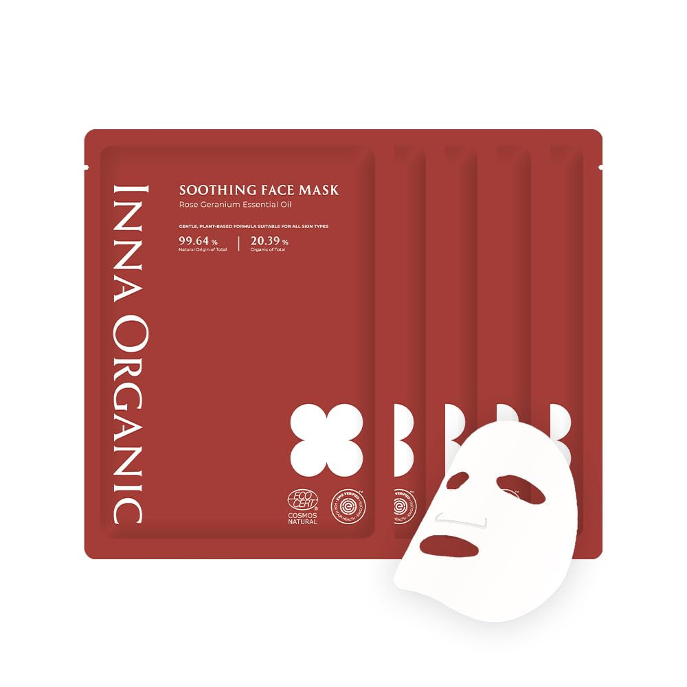 Rose Geranium Soothing Skin Sheet Mask - Calming & Hydrating for Sensitive Skin, After-Sun Care, Luxury Clean Beauty (0.8 fl oz, Pack of 5) | Certified Natural, Home Spa & Self-Care Essential