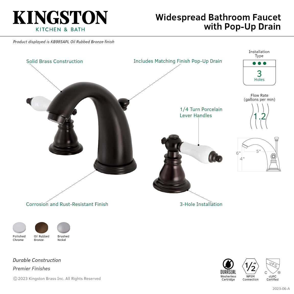 American Patriot KB981APL 3-Hole Widespread Bathroom Faucet - Two Handle Deck Mount with Pop-Up Drain - Polished Chrome Finish for Vanity Sink - Perfect for Modern & Traditional Bathroom Renovations