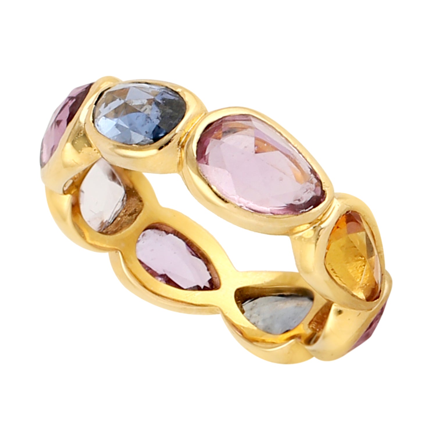 18K Yellow Gold Bezel Multicolor Sapphire Gemstone Band Ring - Elegant Jewelry for Women, Perfect for Weddings, Anniversaries & Special Occasions
