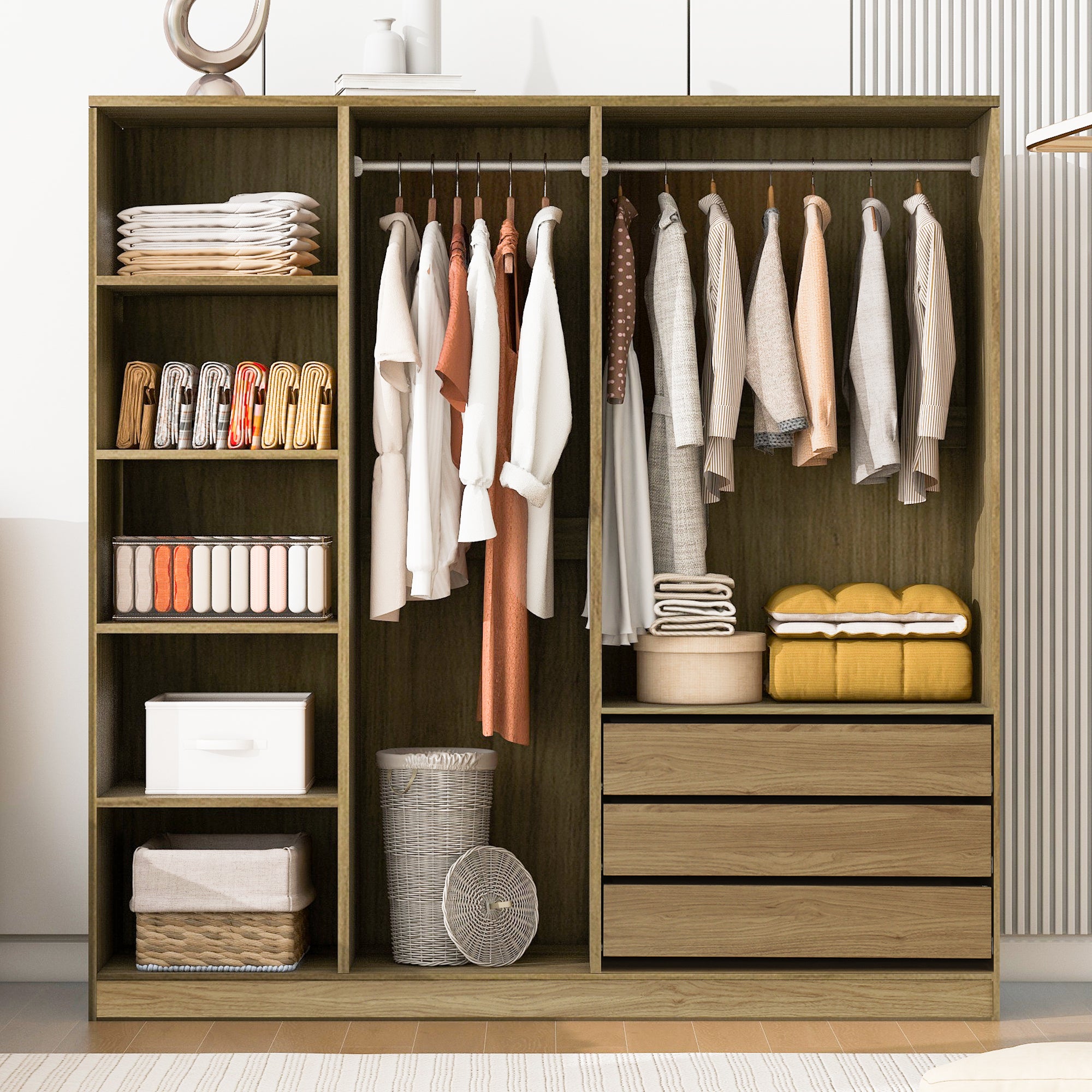 Natural Wooden Doorless Wardrobe with Shelves & 3 Drawers - Bedroom Closet Storage Organizer for Clothes, Shoes & Accessories | Perfect for Small Spaces & Modern Home Decor