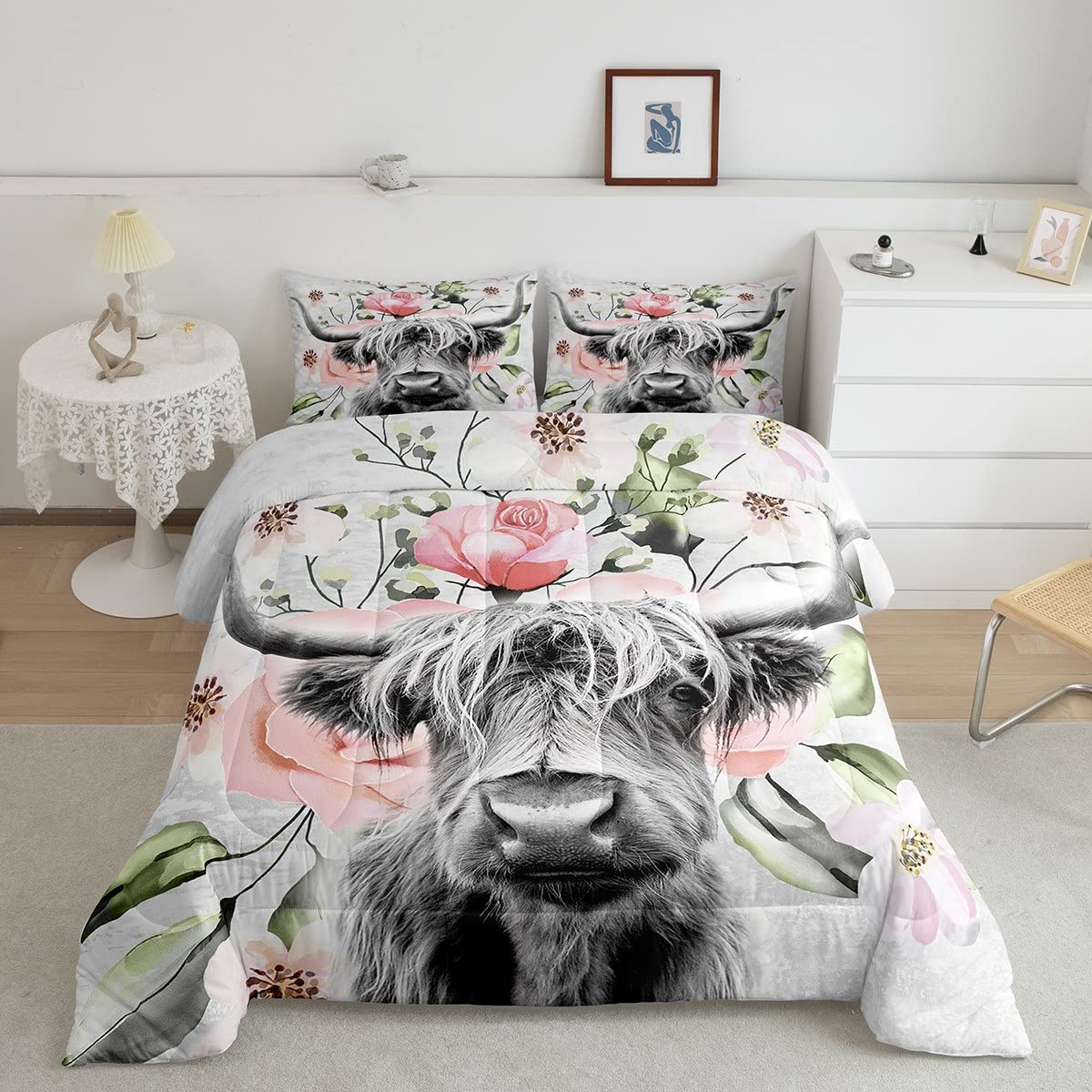 Erosebridal Highland Cow Comforter Set - Queen Size Farmhouse Bedding with Western Cowboy & Floral Design for Kids, Teens & Adults | Cozy Farm Animal Themed Bedroom Decor for Ranch, Country or Western Style Homes