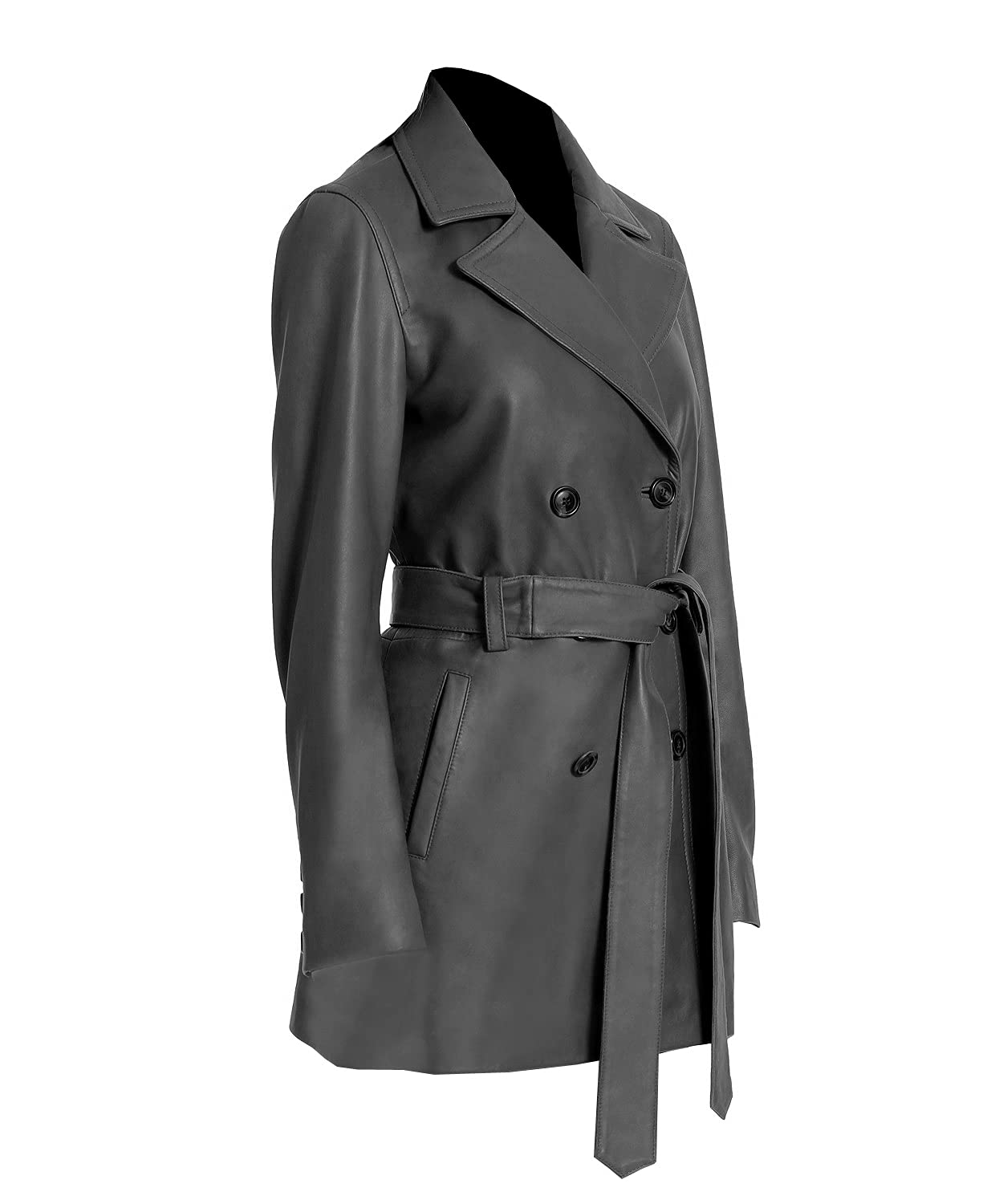TIPTOP Women's Genuine Leather Double Breasted Trench Coat with Long Waist Belt - Black & Brown (TTCW-90058-L, Large) | Elegant Outerwear for Office, Dating & Special Occasions