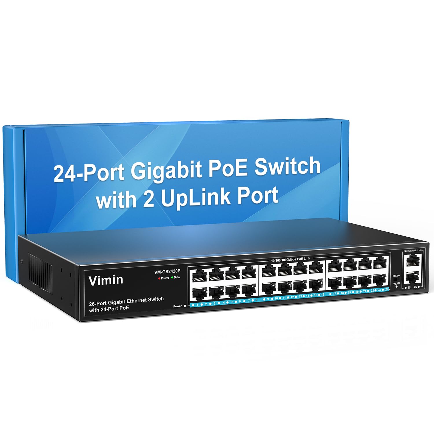 VIMIN 24 Port Gigabit PoE Switch with 2 Uplink Ports | 320W Power | IEEE802.3af/at | VLAN | Metal Housing | 19