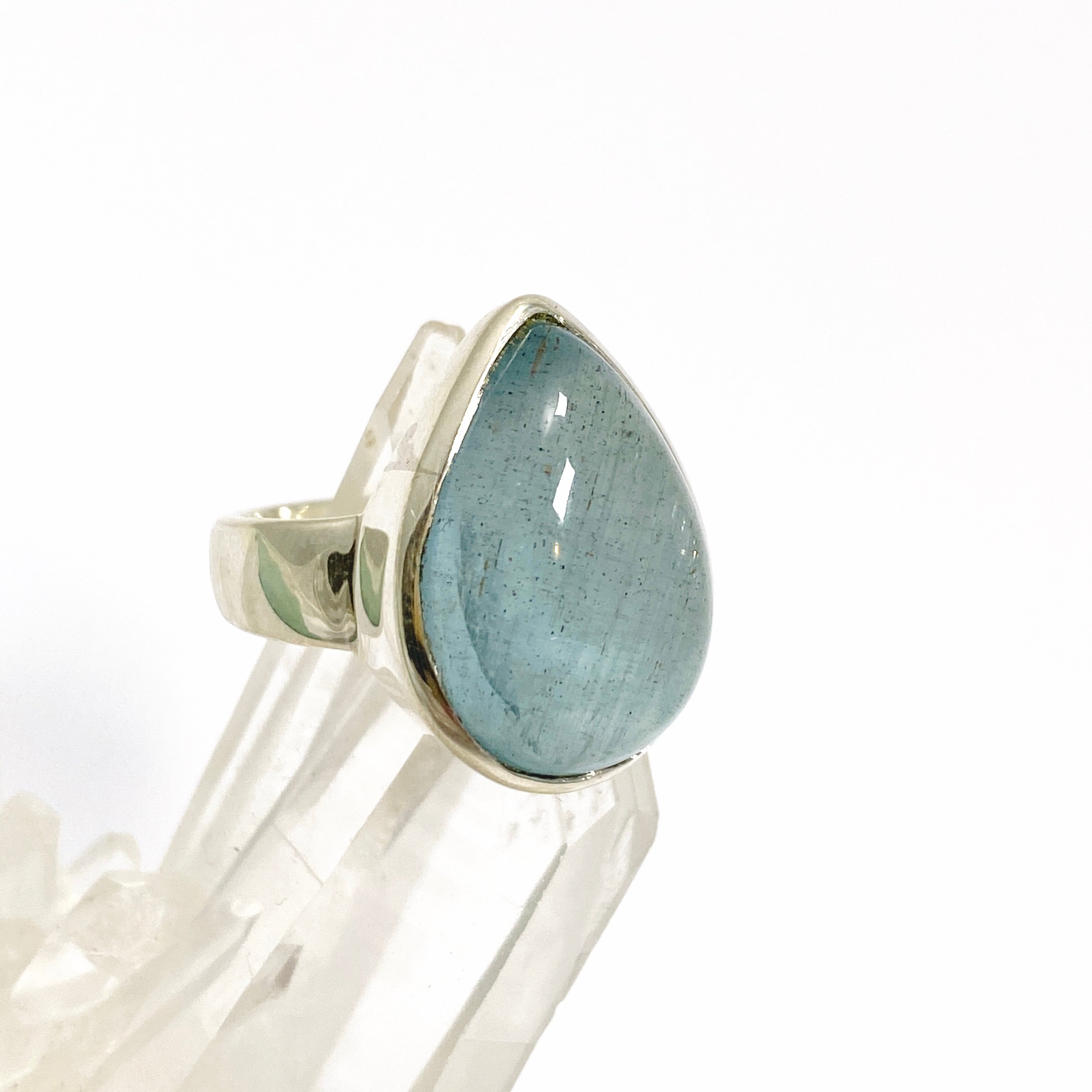 Aquamarine Teardrop Cabochon Ring - Size 8 Sterling Silver Gemstone Jewelry - Perfect for Engagement, Wedding & Special Occasions