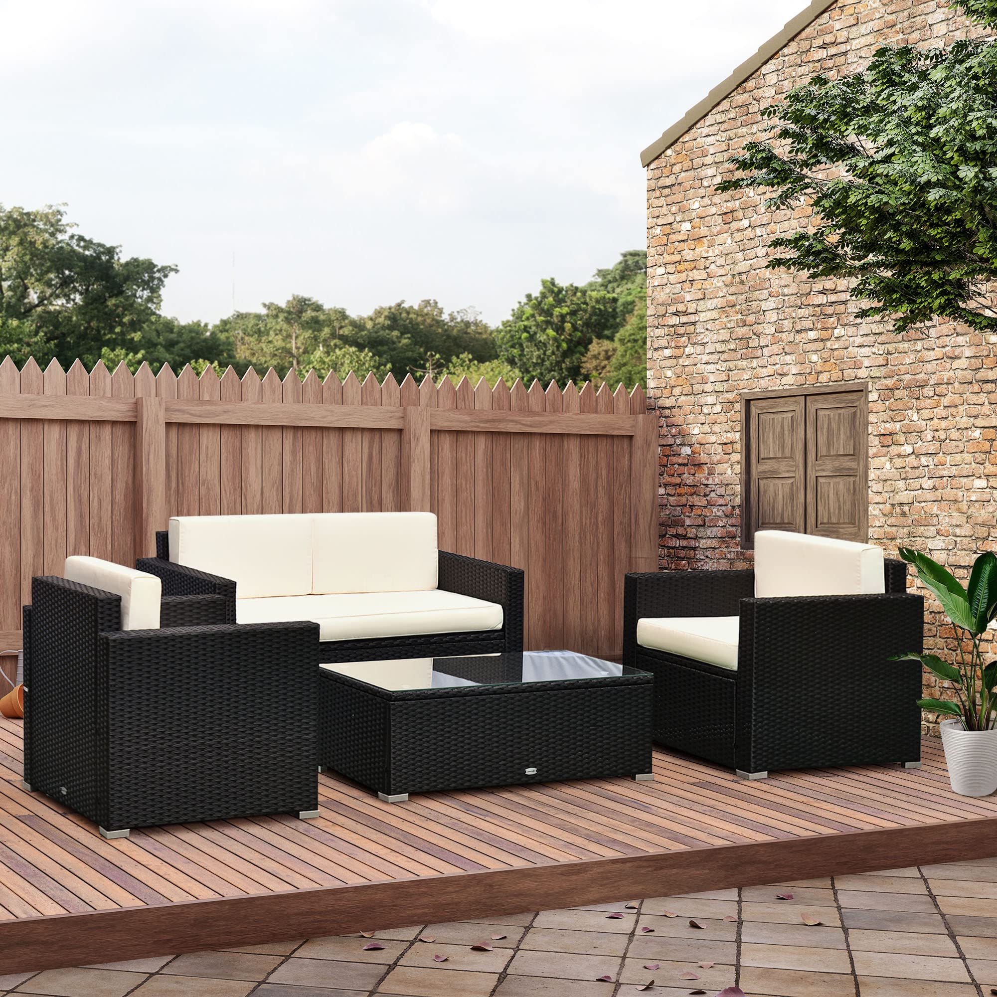 Outsunny 4-Piece White Wicker Patio Furniture Set with Cushions - Outdoor Sectional Sofa Set with 2 Sofas, Loveseat & Glass Top Coffee Table - Perfect for Garden, Backyard, Poolside or Patio Relaxation