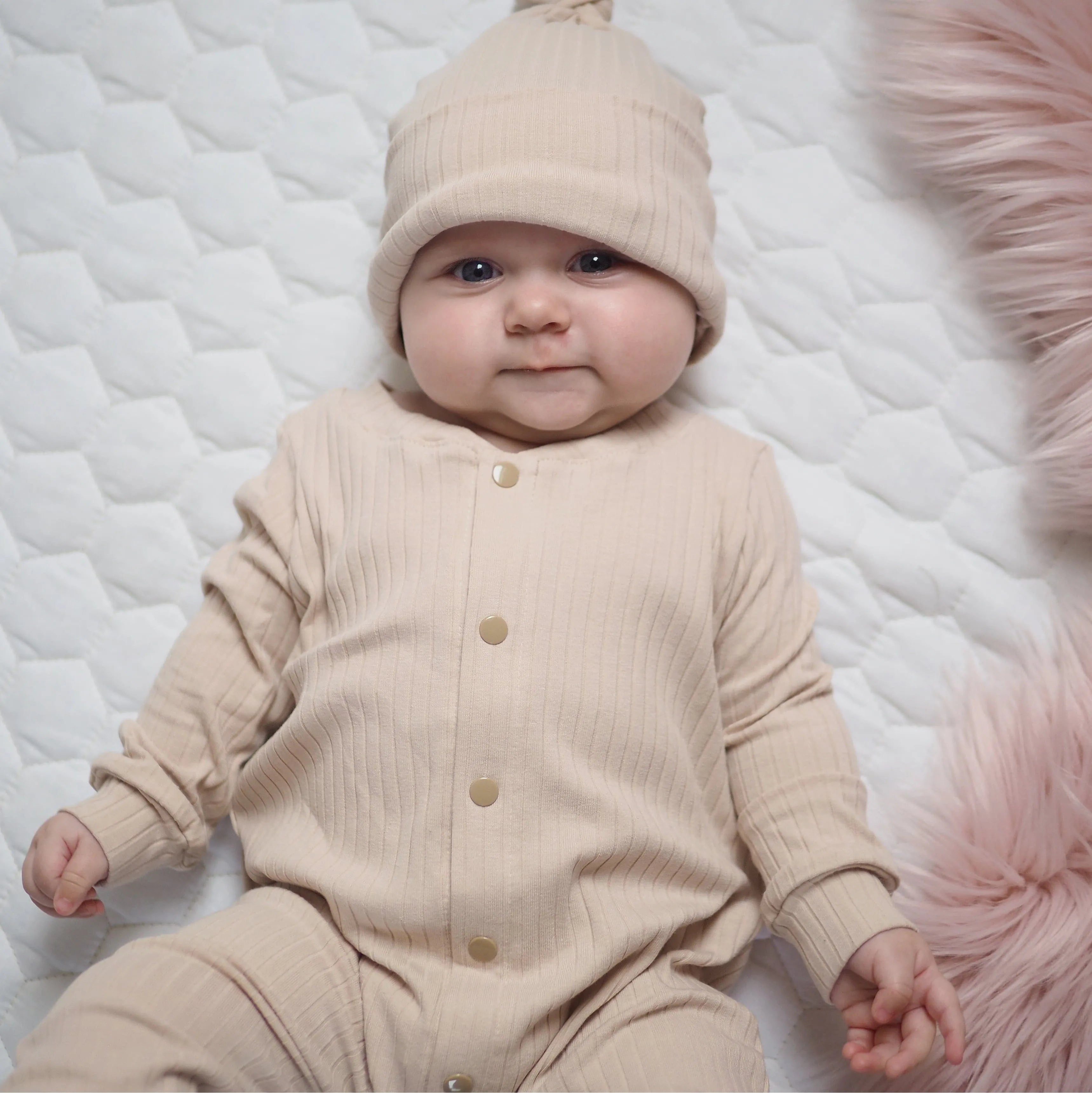 Soft Beige Ribbed Baby Romper for Toddlers - Comfortable & Stylish Outfit for Playtime, Daycare & Family Photos