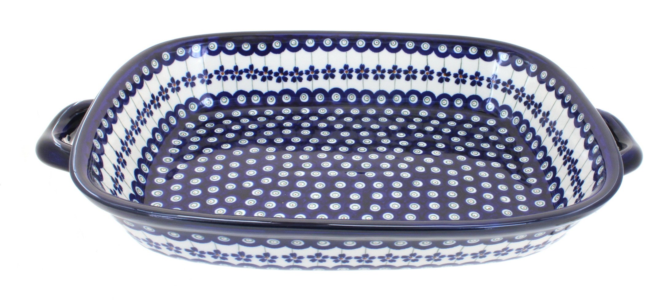 Handmade Blue Rose Polish Pottery Peacock Design Large Baking Dish with Handles - Perfect for Casseroles, Bread Baking & Serving Dishes