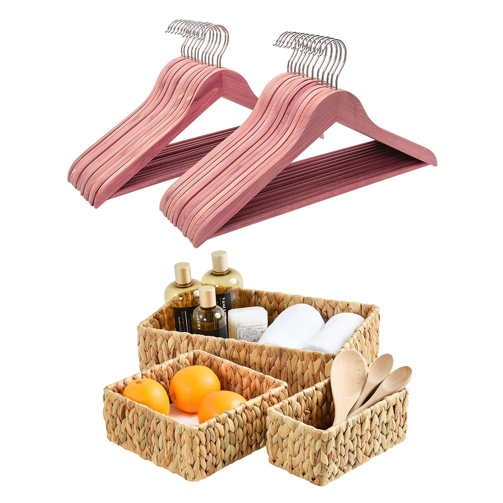 Natural Cedar Wooden Coat Hangers 18-Pack & Wicker Storage Baskets 3-Pack - Premium Closet Organization Set for Bedroom, Nursery, and Walk-In Closets