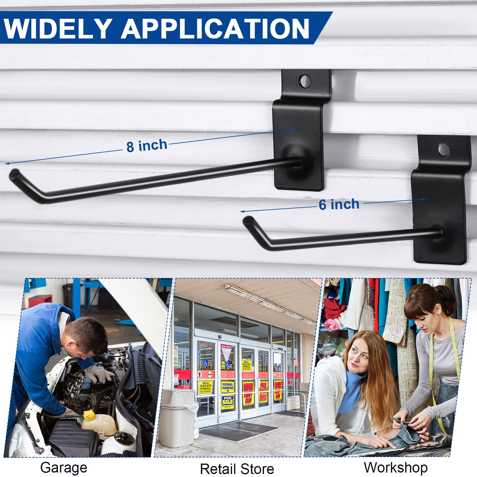 100 Pack Heavy Duty Slatwall Hooks - 6 & 8 Inch Black Metal Panel Display Hangers for Garage, Shop & Retail Organization - Durable Shelf Brackets & Peg Accessories for Wall Storage Systems