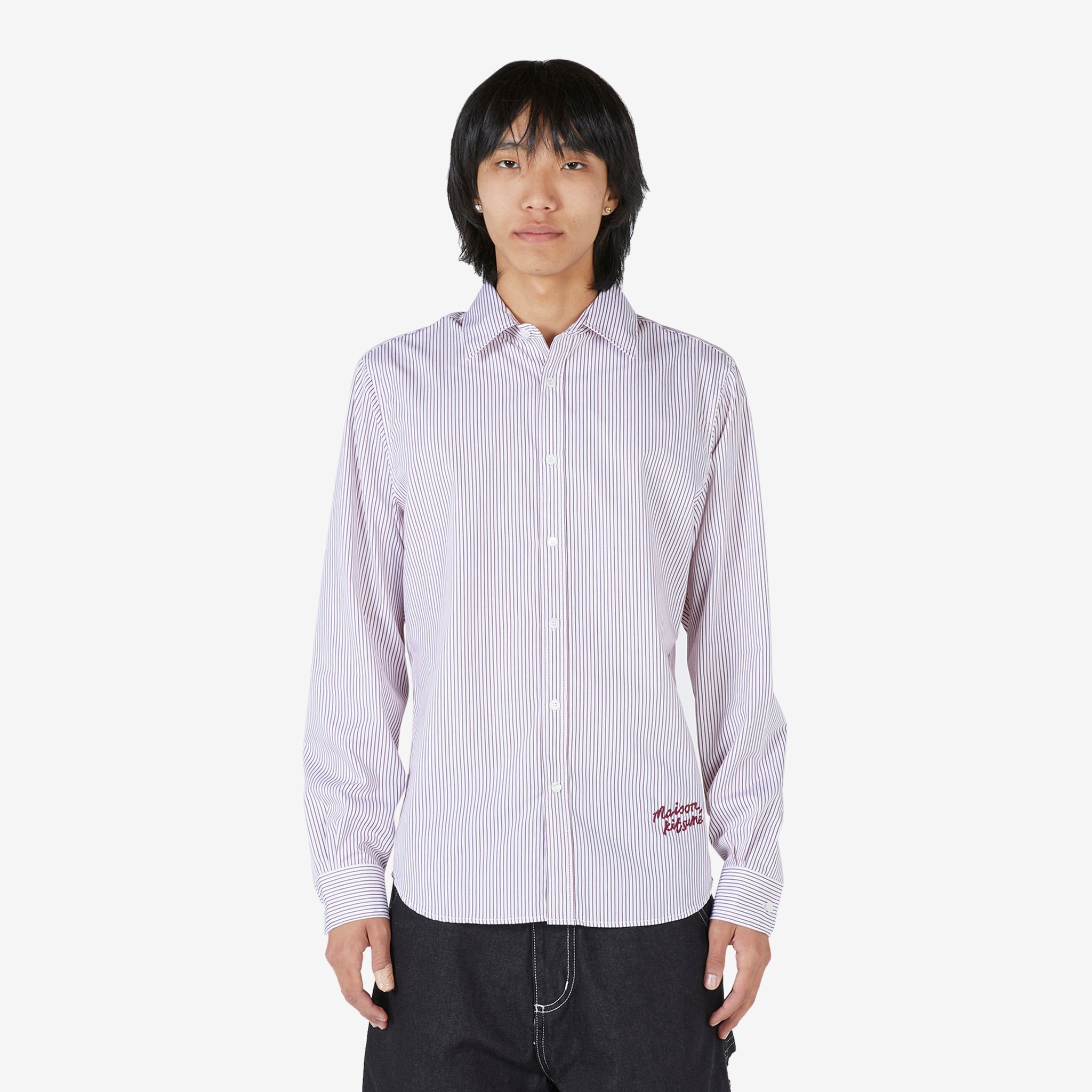 Classic Striped Cotton Shirt with Logo Handwriting - White & Red Stripes | Casual Office Wear & Weekend Outfits