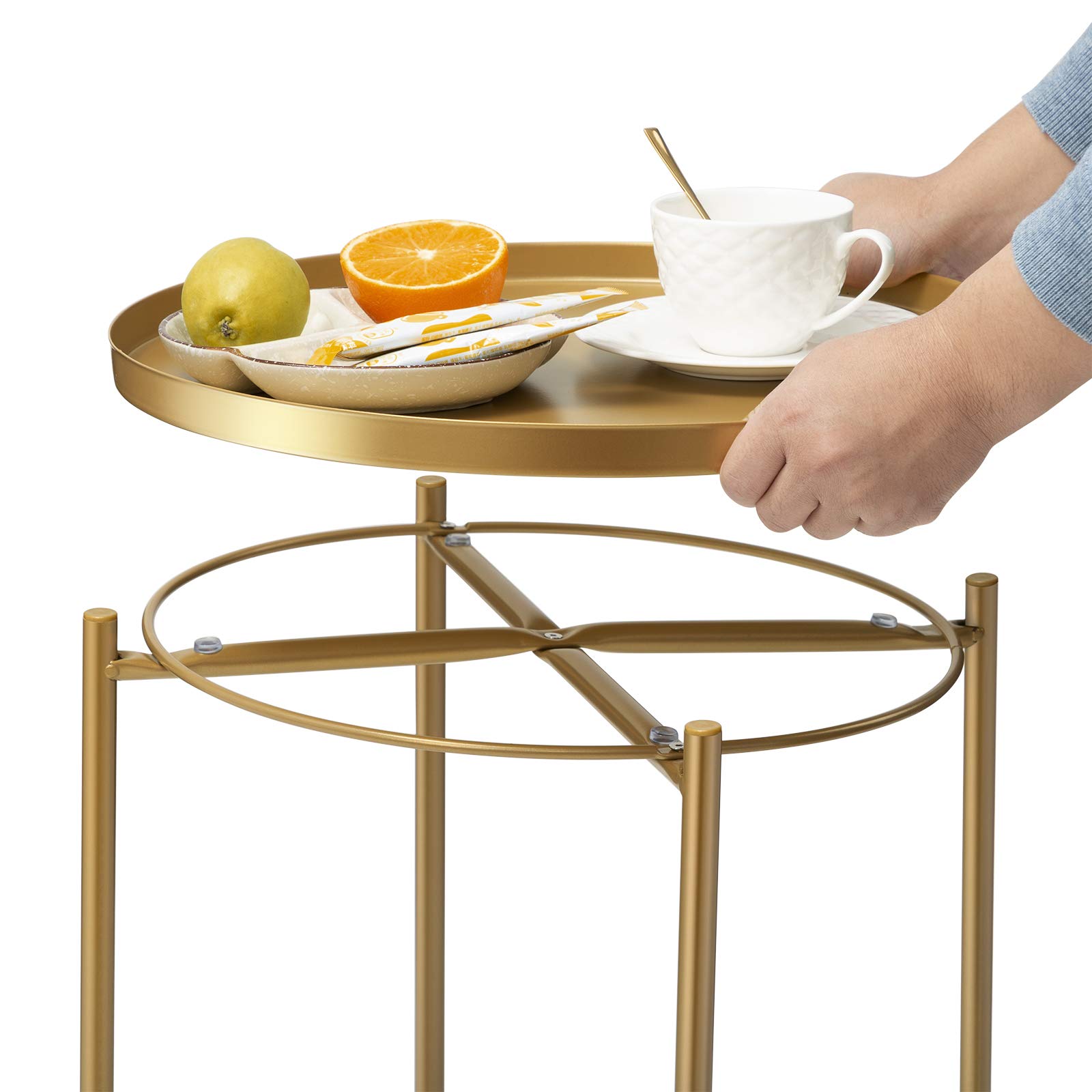 Gold Side Table - Round Metal End Table for Small Spaces, Outdoor & Indoor Accent Table with Removable Tray | Waterproof Patio Coffee Table for Living Room, Bedroom, Balcony, Office & Garden Decor (Gold)