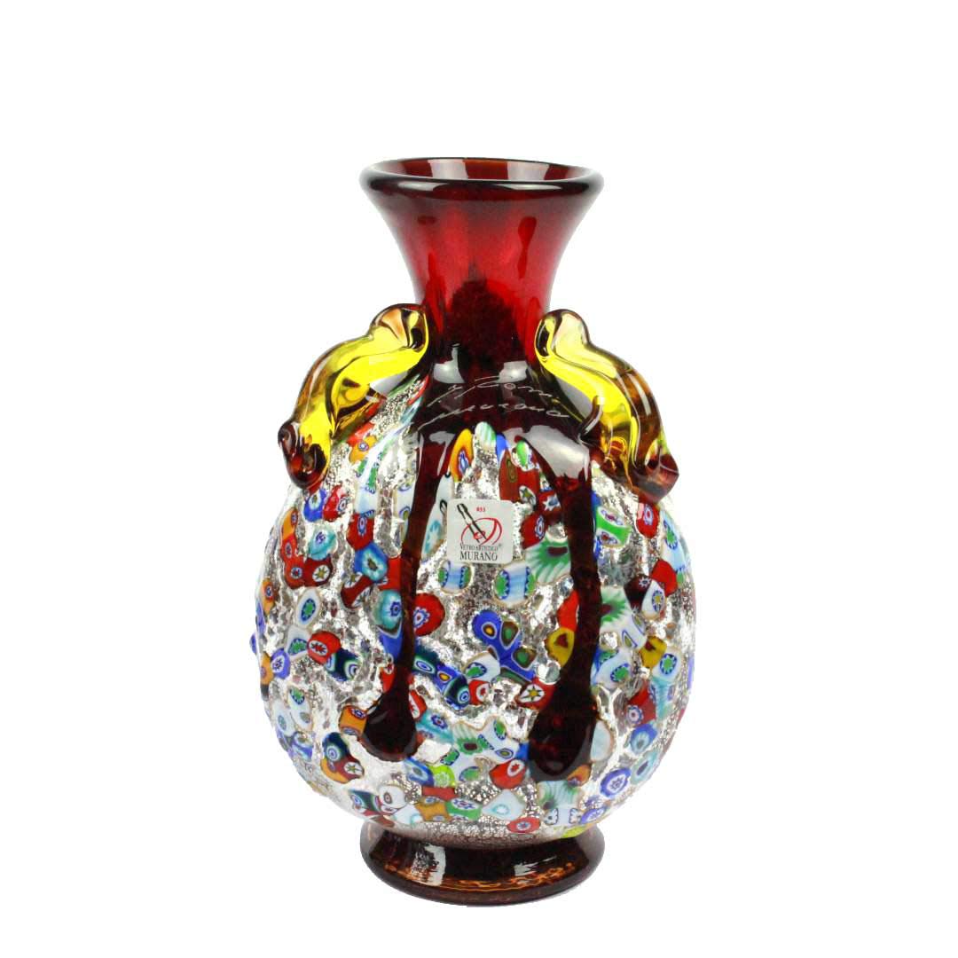 Original Murano Glass OMG Red Vase with Murrina and Silver Decoration - Handcrafted Italian Art Glass Vase for Home Decor, Wedding Centerpiece & Luxury Gift