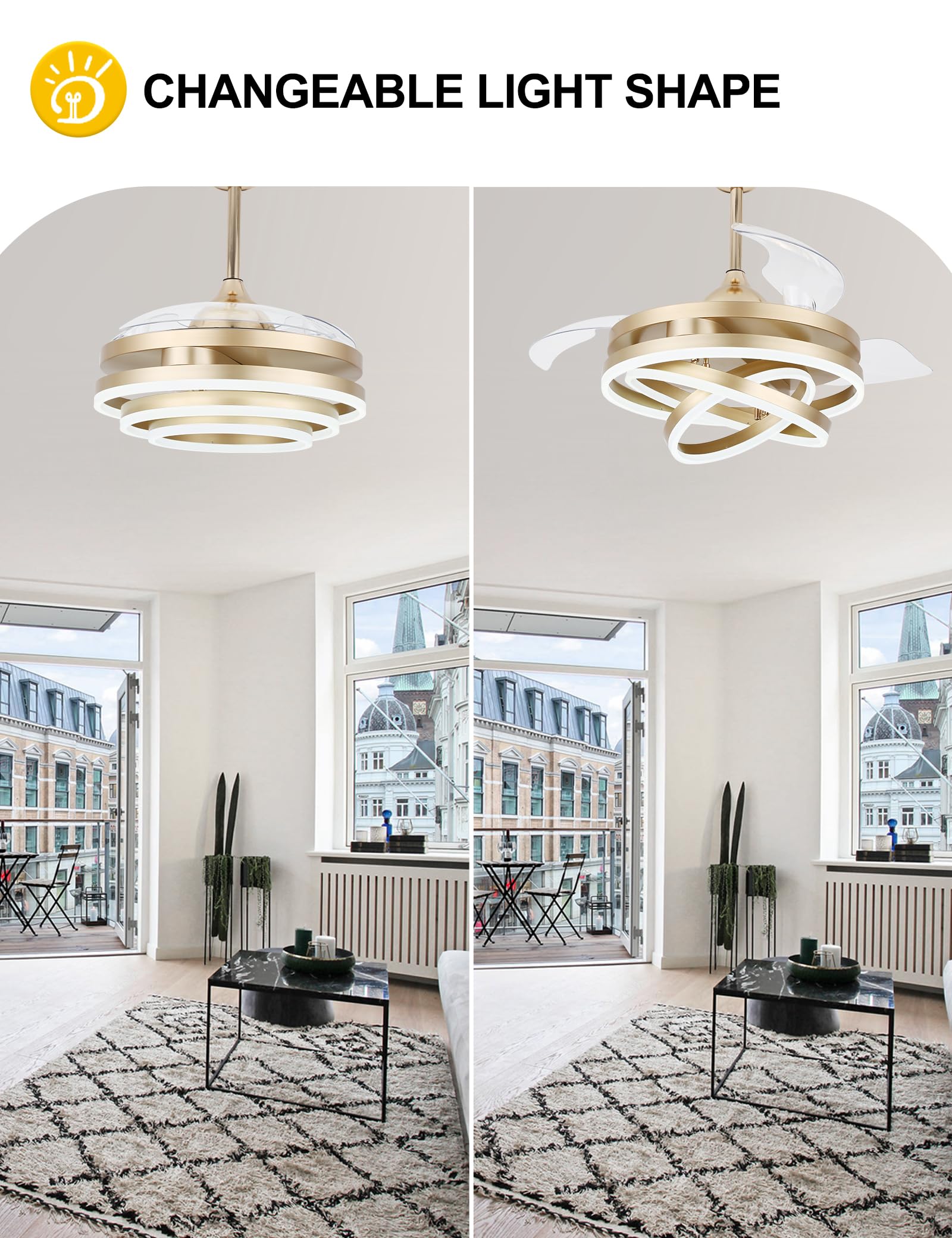 42 Inch Retractable Gold Ceiling Fan with Light & Remote - Silent DC Motor, 6 Speed Settings, Dimmable LED - Modern Chandelier Style for Bedroom, Living Room & Office - Energy Efficient Cooling & Decorative Lighting Solution