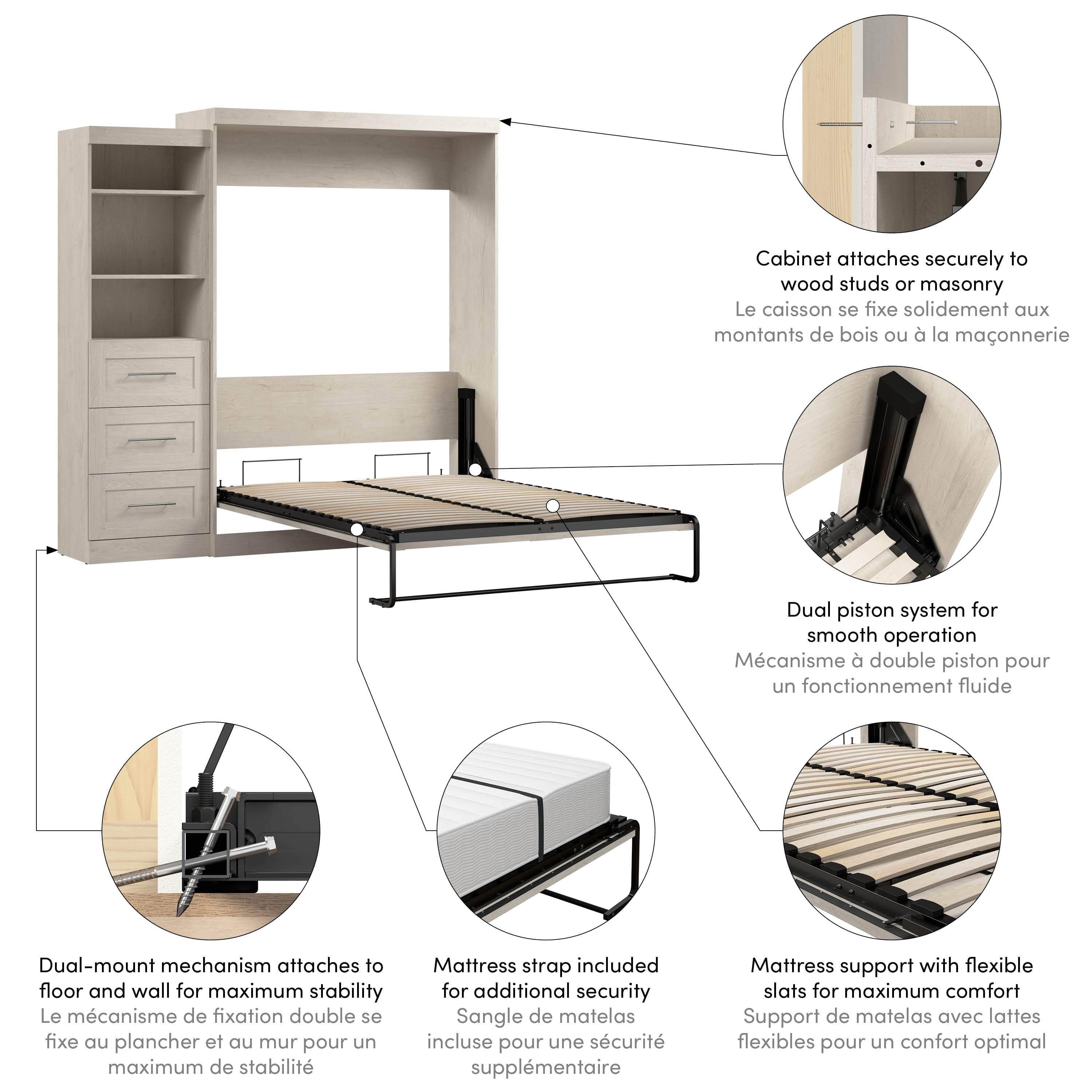 Queen Murphy Wall Bed with Storage Drawers - Space-Saving Foldable Bed for Small Rooms, Apartments & Guest Rooms (90