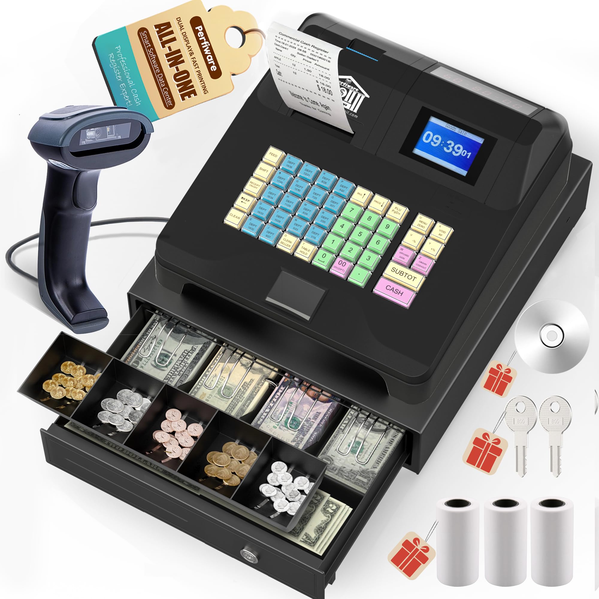 All-in-One Electronic Cash Register with Scanner, Checkport Cash Drawer & Receipt Printer - Dual Display POS System for Small Business, Restaurant & Retail Shop | Perfect for Quick Checkout & Inventory Management