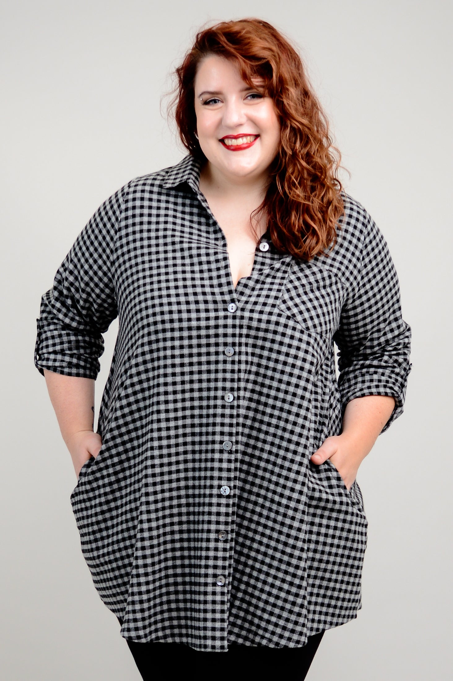 Celine Tunic - Charcoal Gingham Cotton Flannel Shirt | Women's Casual Button Down Top | Perfect for Office Wear & Weekend Outfits