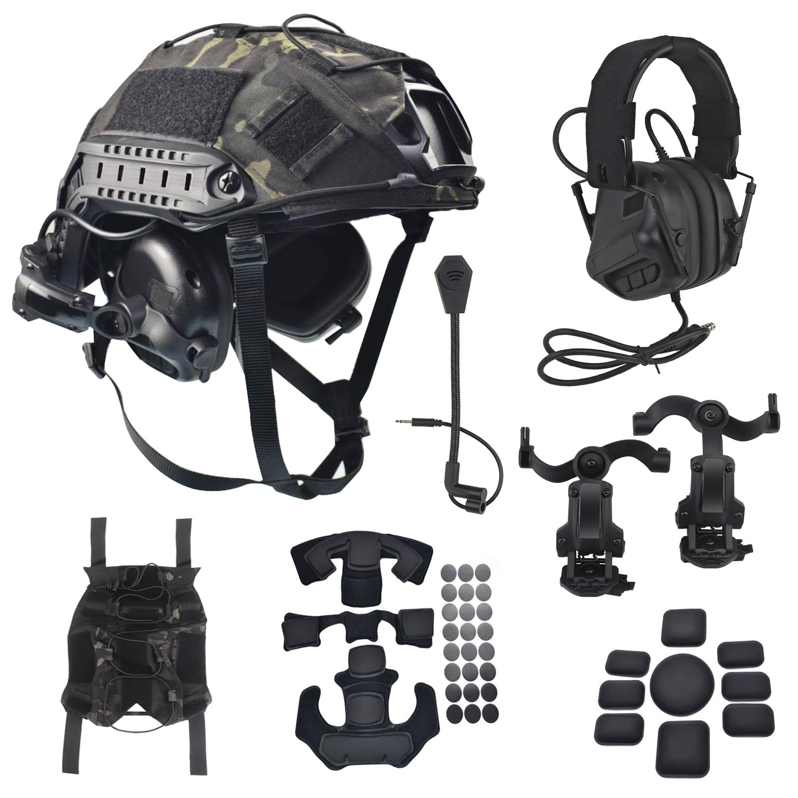 Tactical Airsoft Fast Helmet Set with Military Noise Cancelling Headset, Rail Mount & Cover - Adjustable Memory Foam Padding for Adults & Teens - Perfect for Airsoft Games, Military Training & Outdoor Adventures
