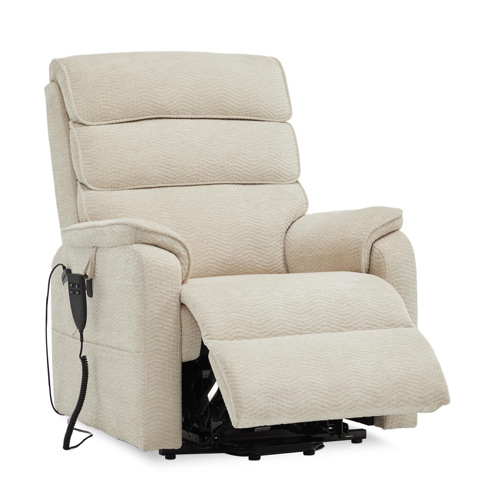 Okin Motor Power Lift Recliner Chair with Heat & Massage - Medium Dual Lay Flat Recliner for Elderly, Infinite Positions, Supports Up to 300 lbs - Beige Chenille Sofa - Perfect for Living Room, Bedroom & Home Theater Relaxation