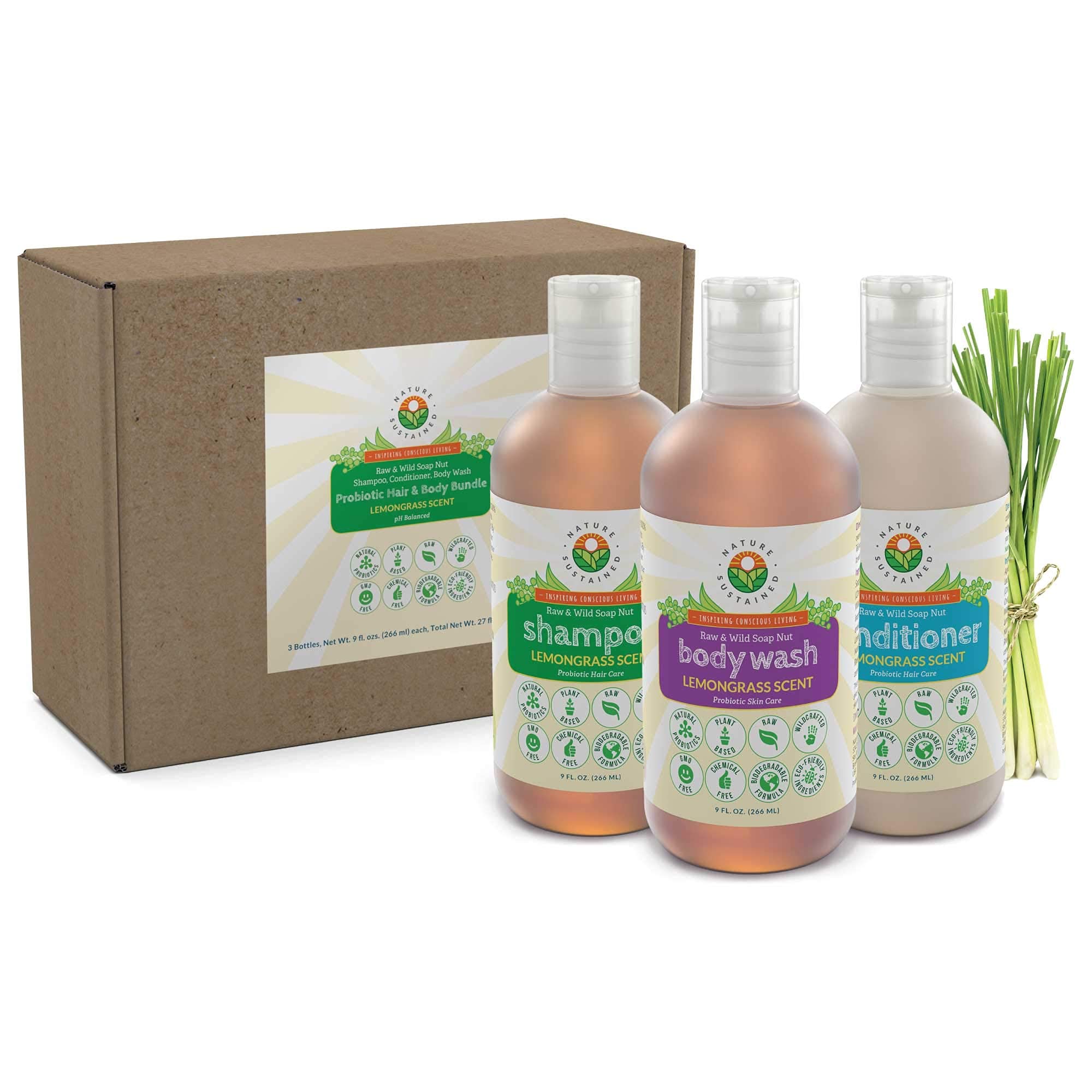 Natural Probiotic Soapberry Shampoo, Body Wash & Conditioner Set (3-Pack) - pH Balanced for Sensitive & Dry Skin/Hair - Lemongrass Scent - 9oz Bottles - Perfect for Daily Hair & Body Care Routine