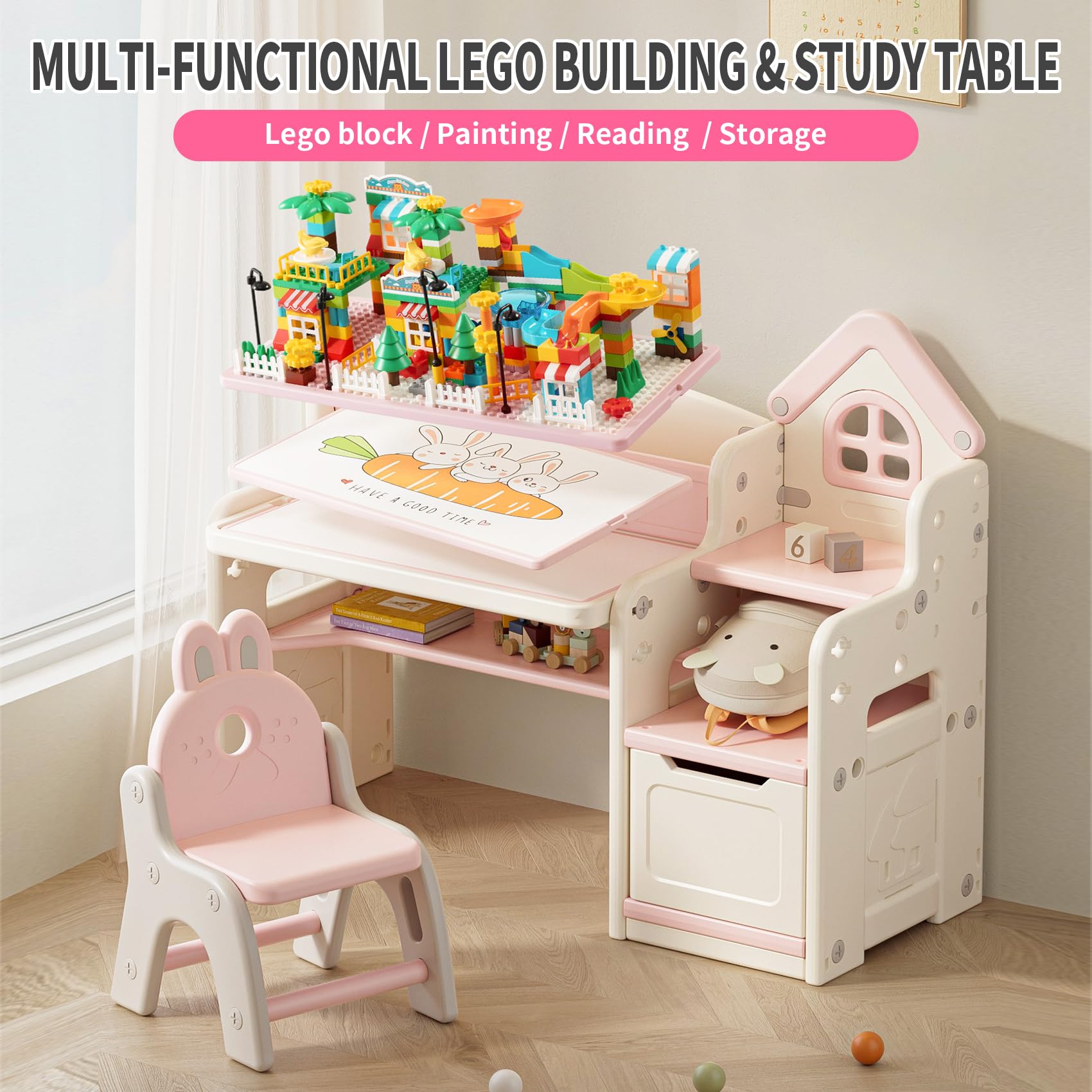 UNICOO Kids 3-in-1 Multifunctional Activity Desk - Adjustable Height Learning & Drawing Table with Chair Set (QB-002-P Pink) | Perfect for Homeschooling, Art Projects & Playroom Organization