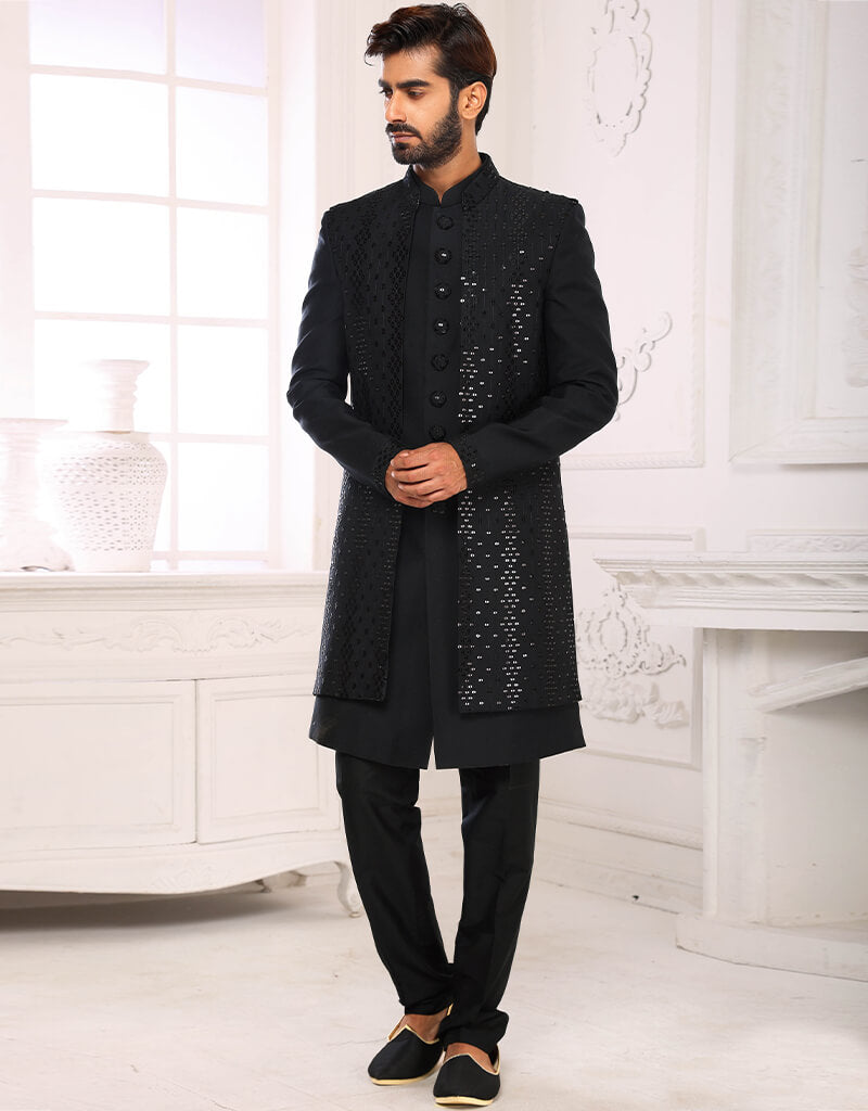 Stylish Black Kurta with Mirror Work & Aligadhi Pant Set – Premium Art Silk Ethnic Wear for Men | Perfect for Festivals, Weddings & Cultural Events
