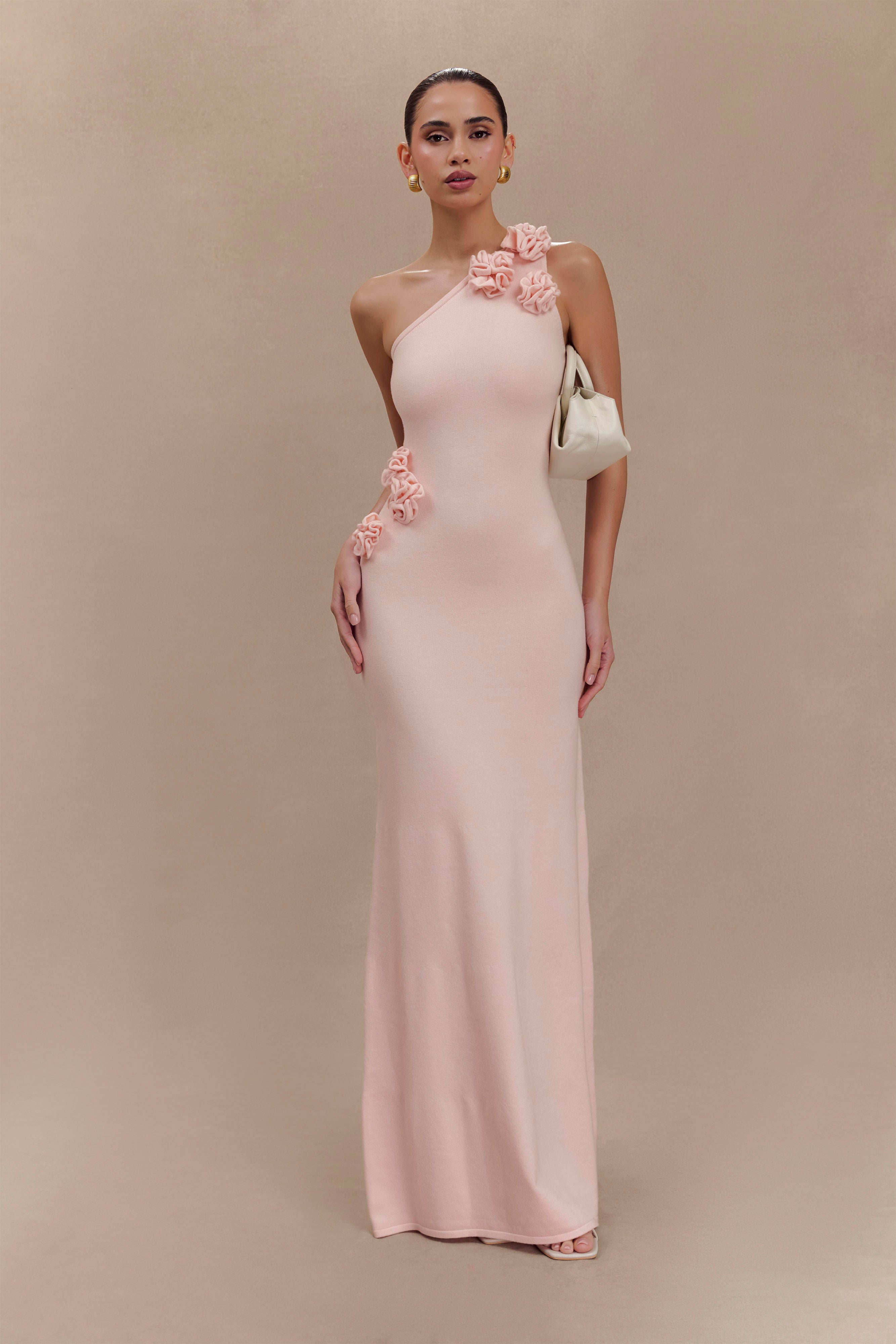 Paloma One Shoulder Knit Maxi Dress With Floral Print in Baby Pink - Perfect for Beach Vacations, Summer Weddings & Boho Chic Outfits