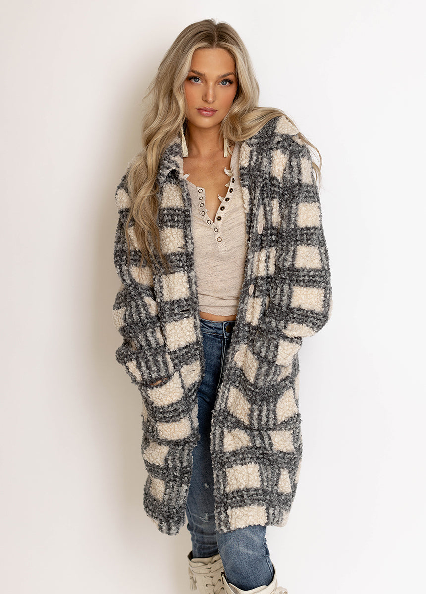 Gertie Coat in Gray Plaid - Vintage-Inspired Wool Blend Trench Coat for Women | Perfect for Fall & Winter Fashion, Office Wear & Casual Outings