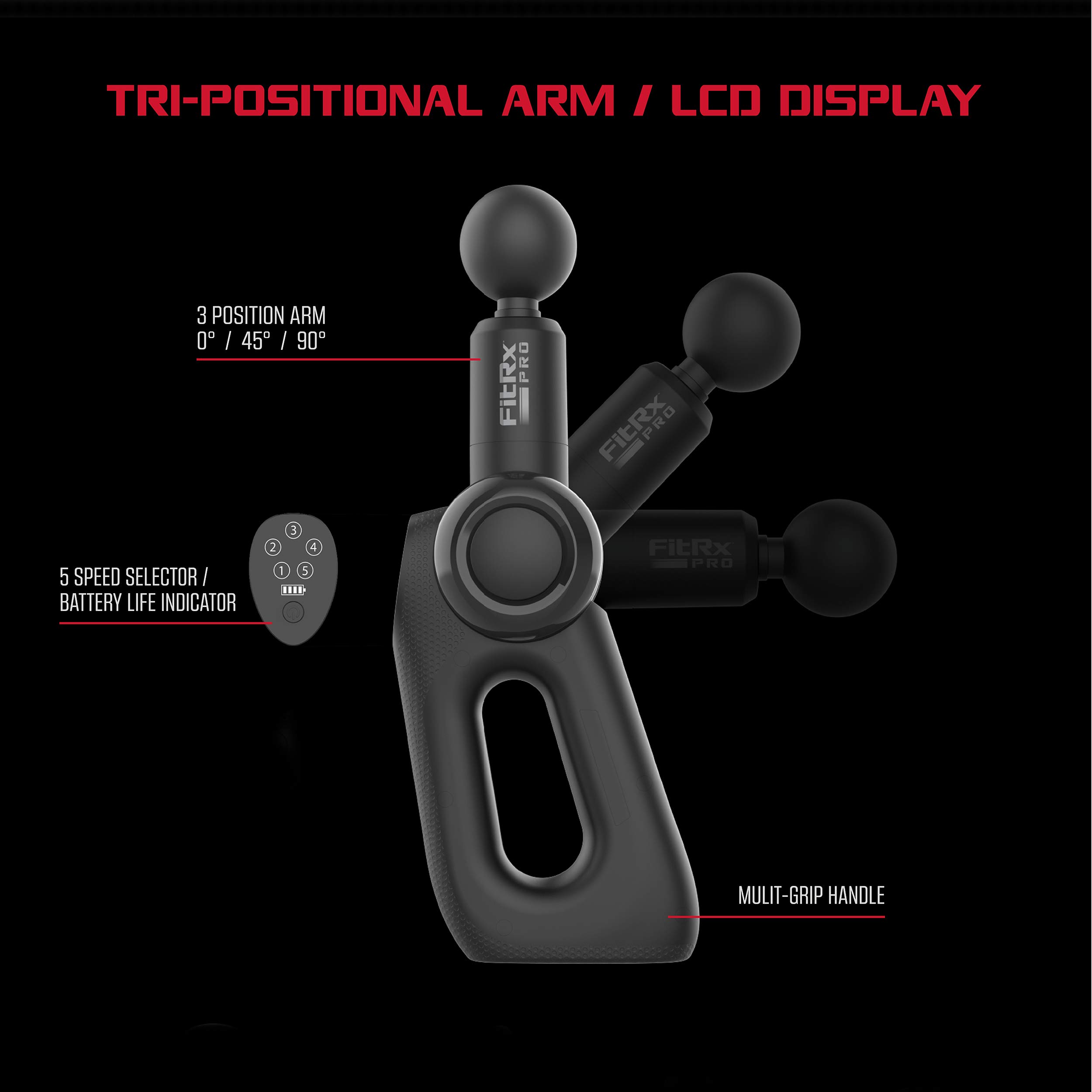 Premium Percussion Massage Gun for Muscle Relief - 5 Speed Levels, 3 Adjustable Arm Angles & 4 Interchangeable Heads - Perfect for Post-Workout Recovery, Deep Tissue Therapy & Home Relaxation
