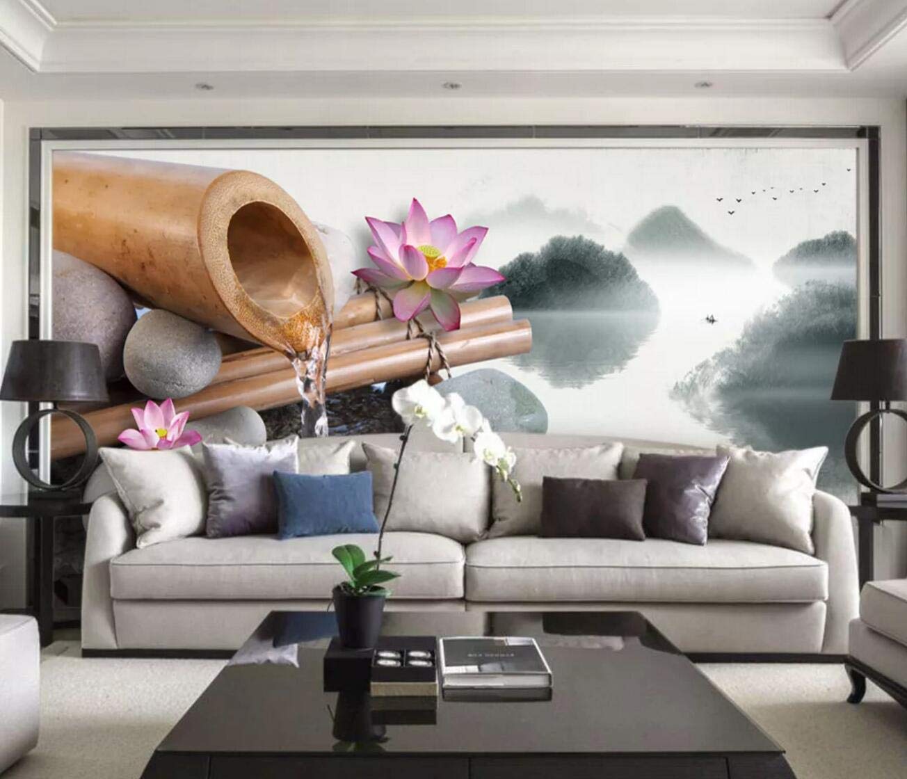 3D Bamboo Tube Lotus Self-Adhesive Wallpaper - Removable Vinyl Wall Mural (164