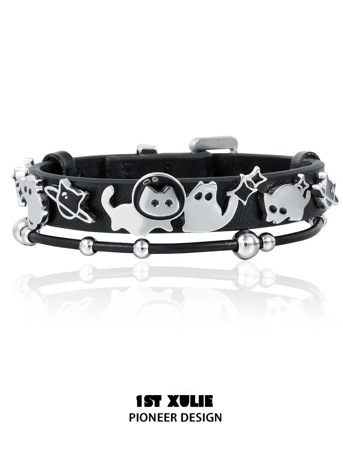 18K Black Gold Plated Leather Bracelet with Ghost & Black Cat Charm - Gothic Jewelry for Women, Perfect for Halloween, Witchy Aesthetic & Dark Fashion Accessories