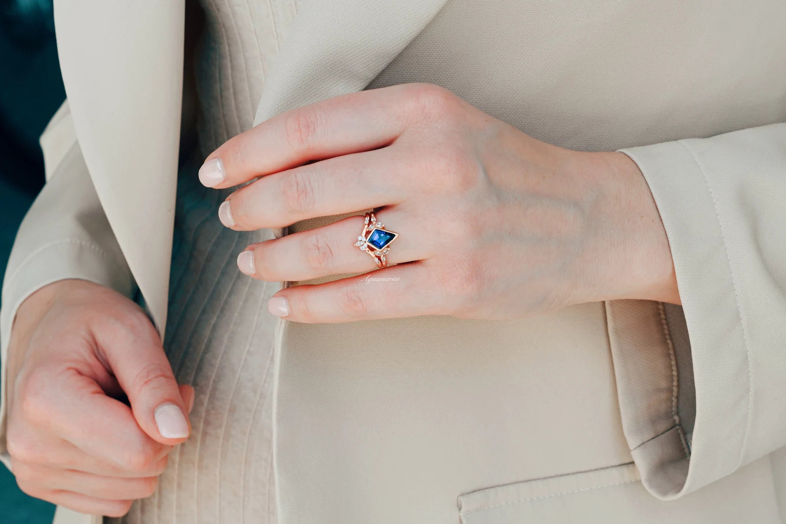 14K Rose Gold Vermeil Blue Sapphire Ring Set for Women - Elegant Jewelry Gift for Anniversary, Engagement & Special Occasions