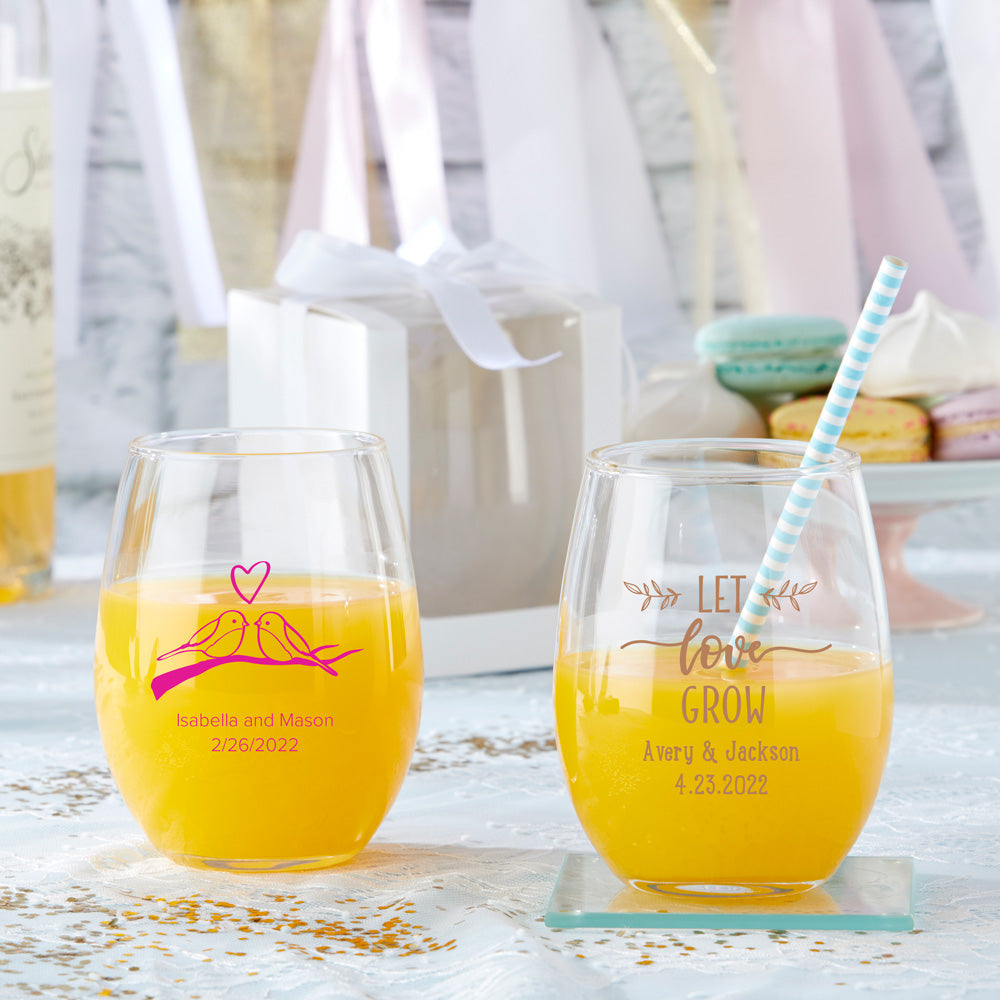 Personalized 9 oz. Stemless Wine Glasses - Custom Engraved Couple Gifts for Anniversary, Wedding & Bridal Shower - Perfect for Romantic Dinners, Wine Tasting & Home Entertaining