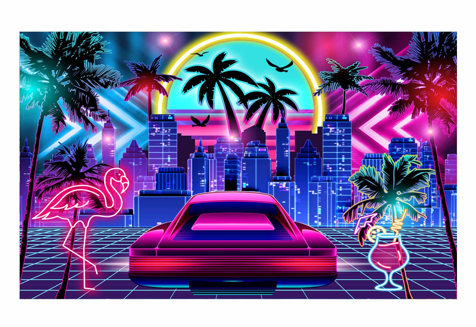Retro 80s Miami Neon Backdrop - Tropical Flamingo & Palm Tree Photo Booth Banner for Disco Parties, Birthday Decorations & Summer Events - Perfect for Themed Parties, Instagram Photos & Event Backgrounds