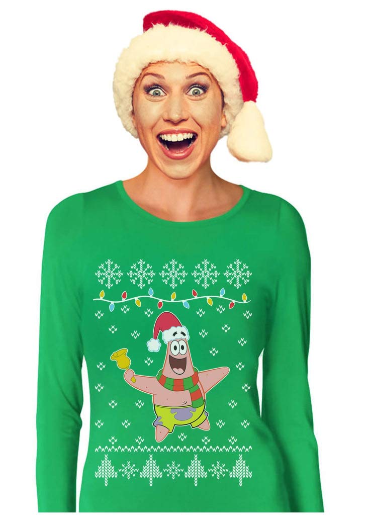 Official SpongeBob & Patrick Ugly Christmas Sweater - Women's Long Sleeve Holiday T-Shirt for Christmas Parties & Festive Gatherings