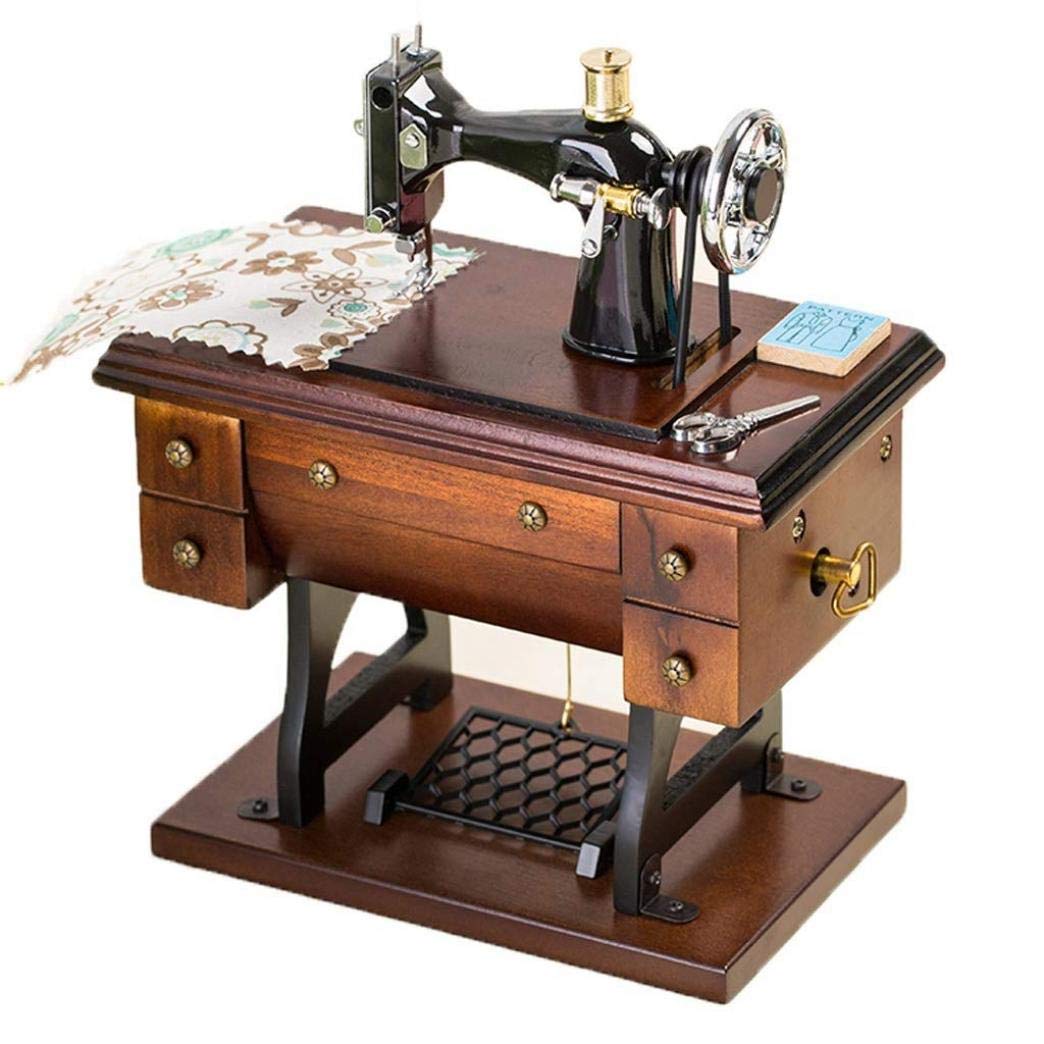Vintage Wooden Simulation Sewing Machine Music Box with Edelweiss Design - Handcrafted Musical Gift for Sewing Enthusiasts & Collectors - Perfect for Home Decor, Wedding Favors, and Nostalgic Gifts