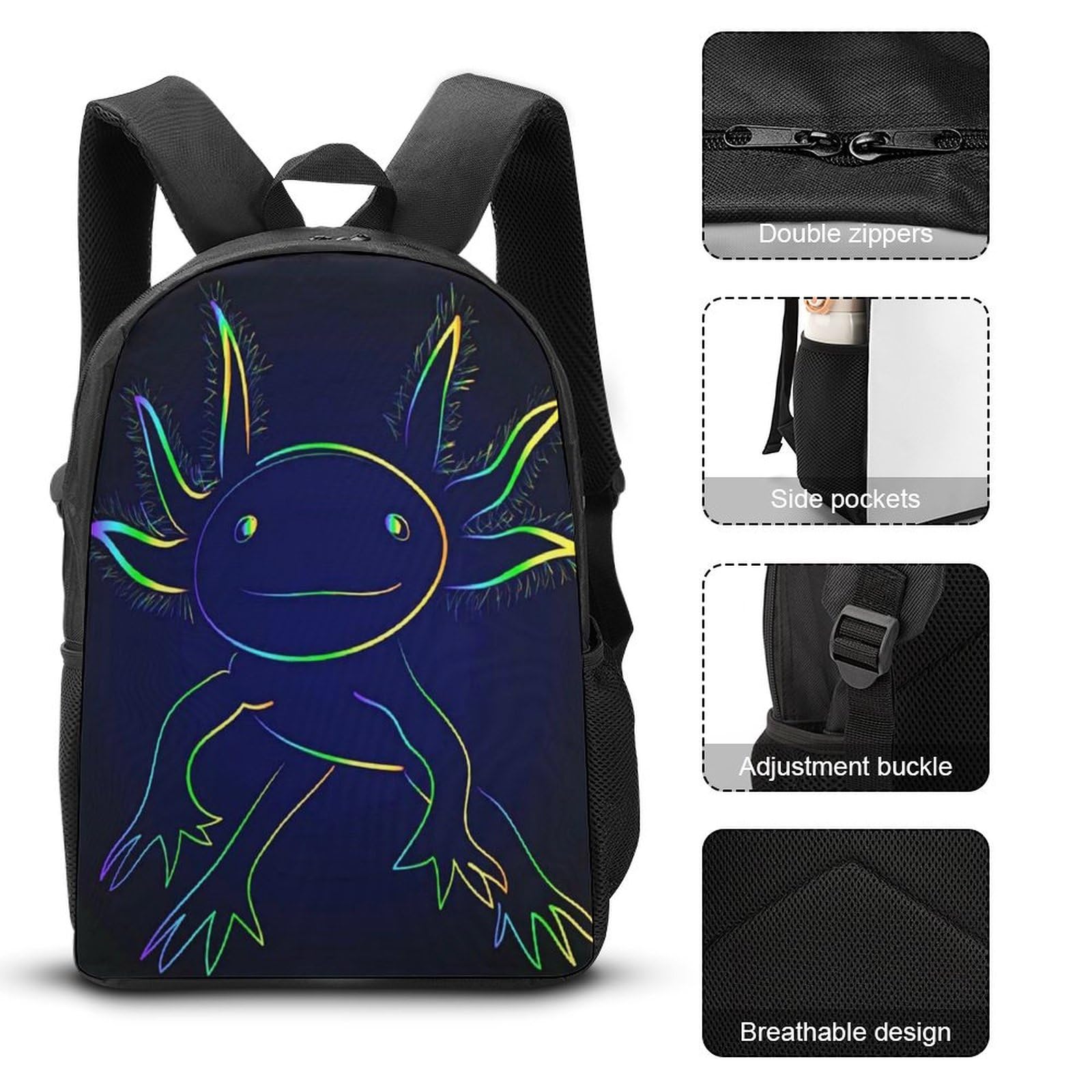 Axolotl Backpack for Boys & Teens - 17 Inch School Backpack with Lunch Bag & Pen Case Set - Durable Bookbag for Travel, College, Hiking & Daily Use
